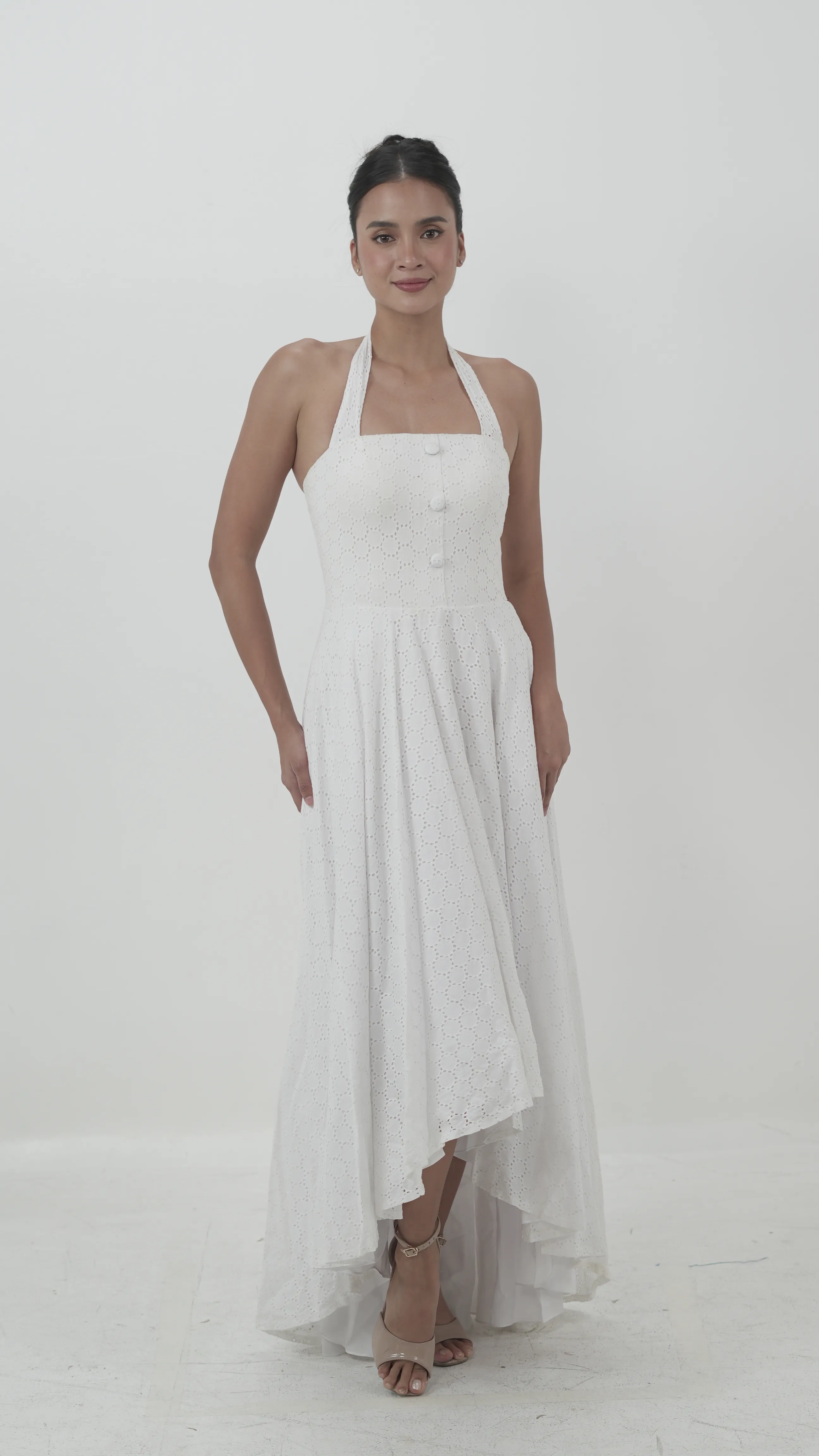 White Eyelet Halter Dress with High-Low Hem