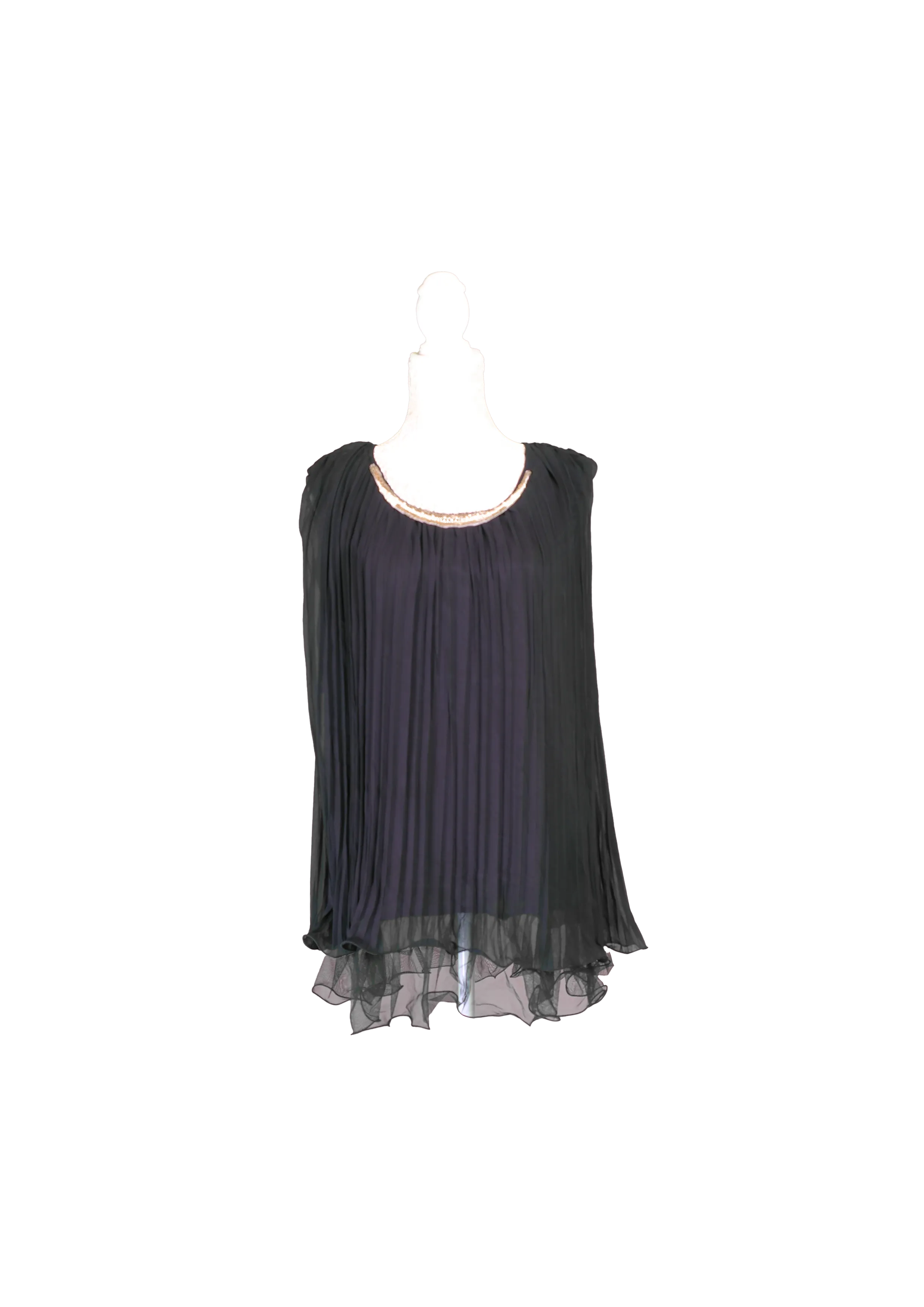  Black Pleated Shift Dress with Beaded Collar