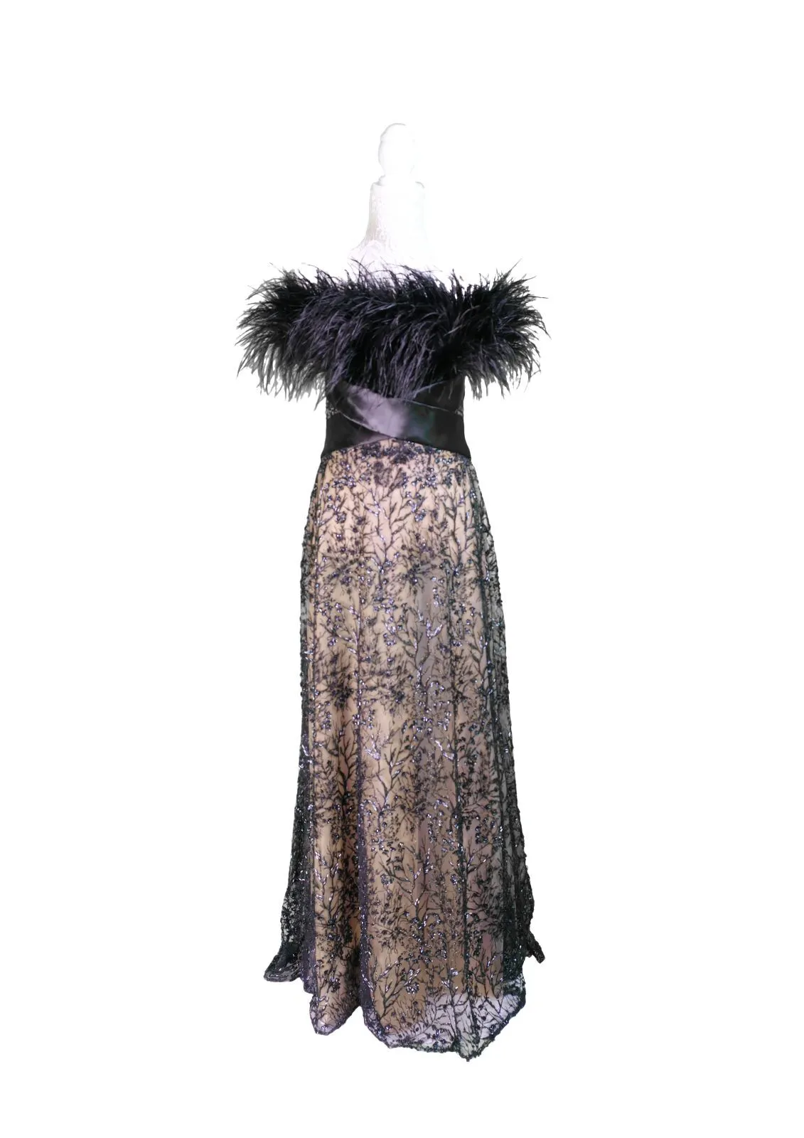 Black and Gold Lace Gown with Feather Trim