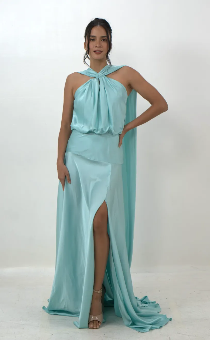 Mint Blue Goddess Drape Gown
