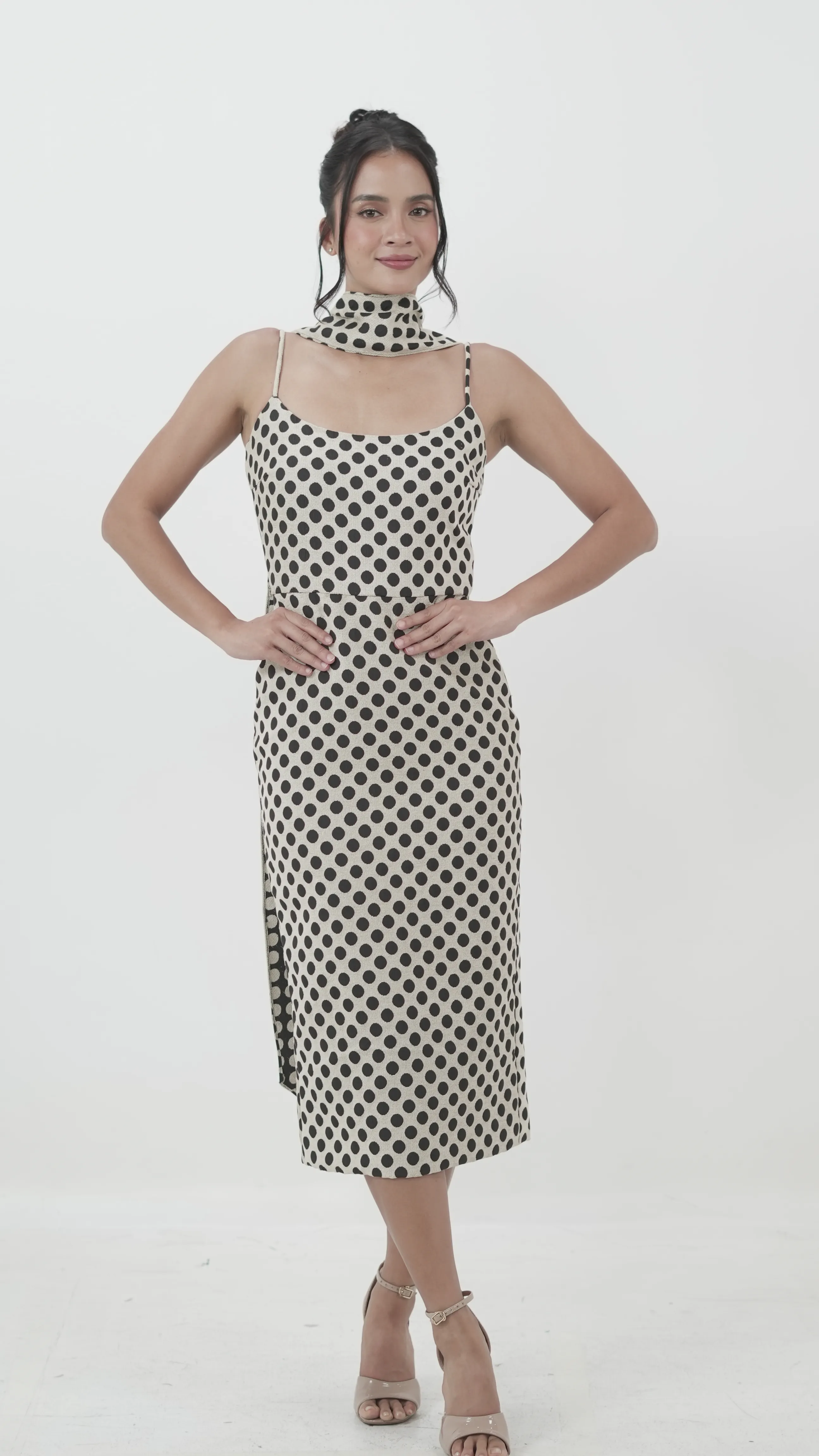 Polka Dot Midi Dress with Neck Scarf or Belt