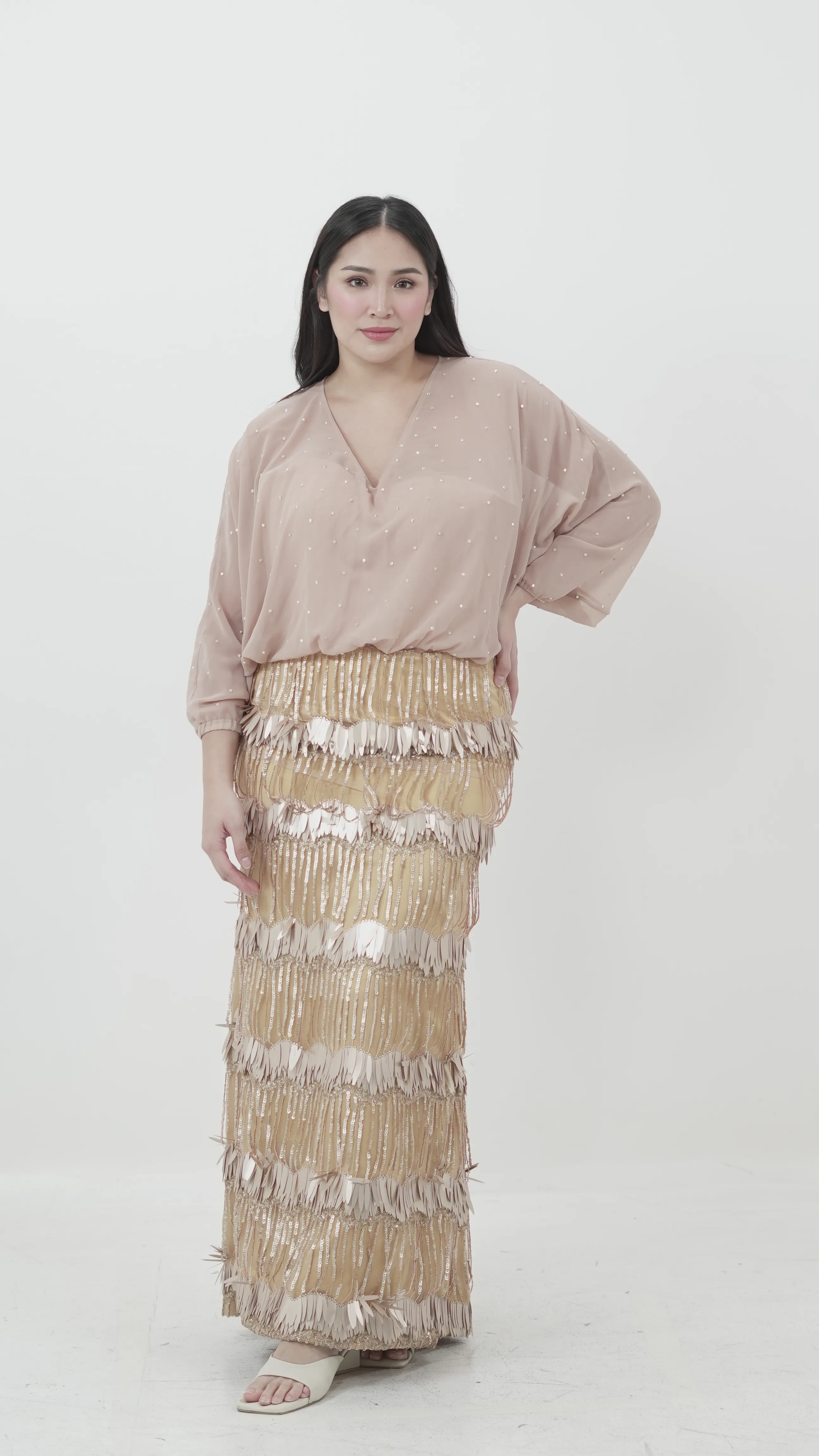 Nude Top with Gold Fringe Skirt Ensemble