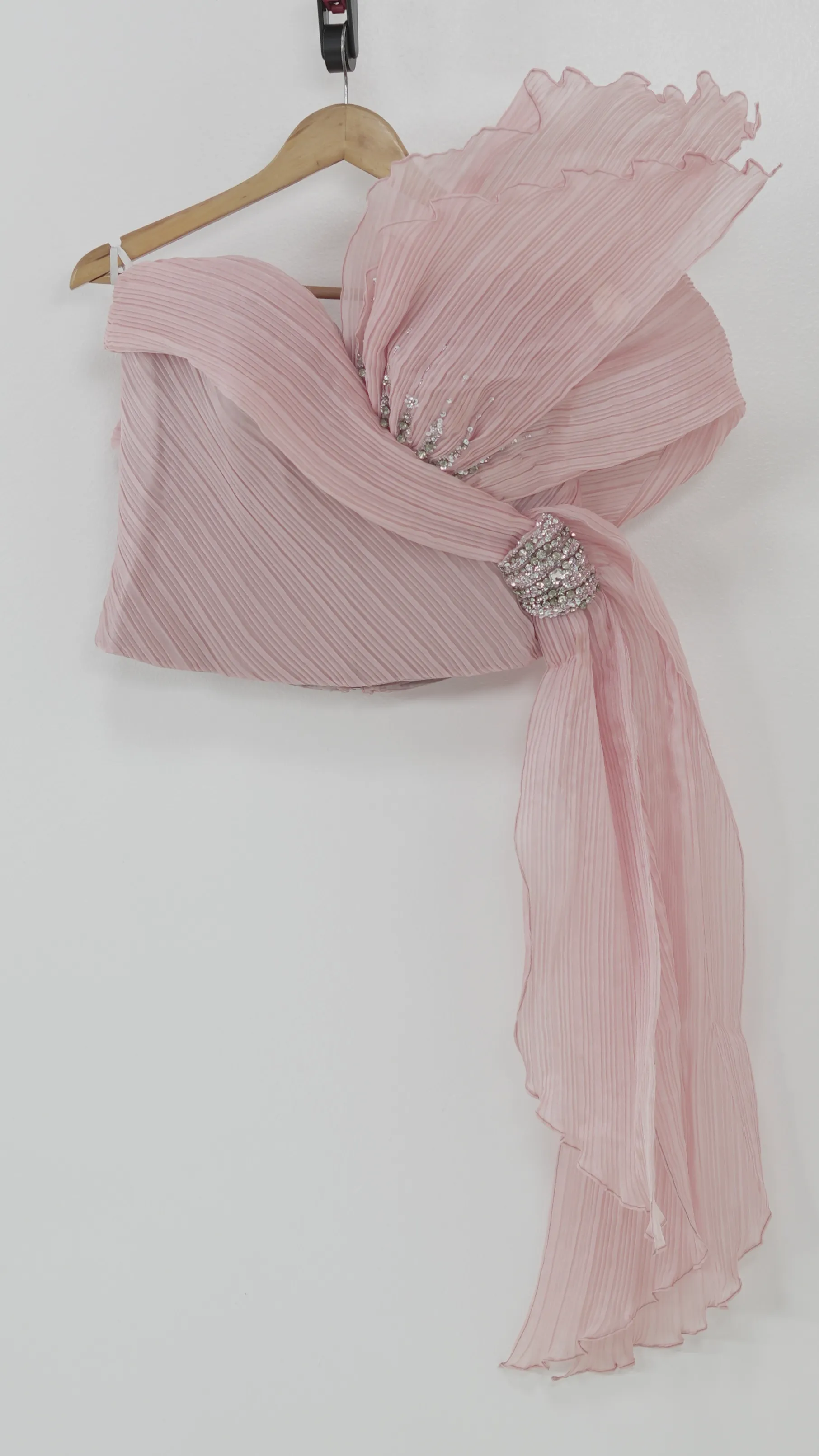 Pink Pleated Asymmetrical Top with Brooch Detail