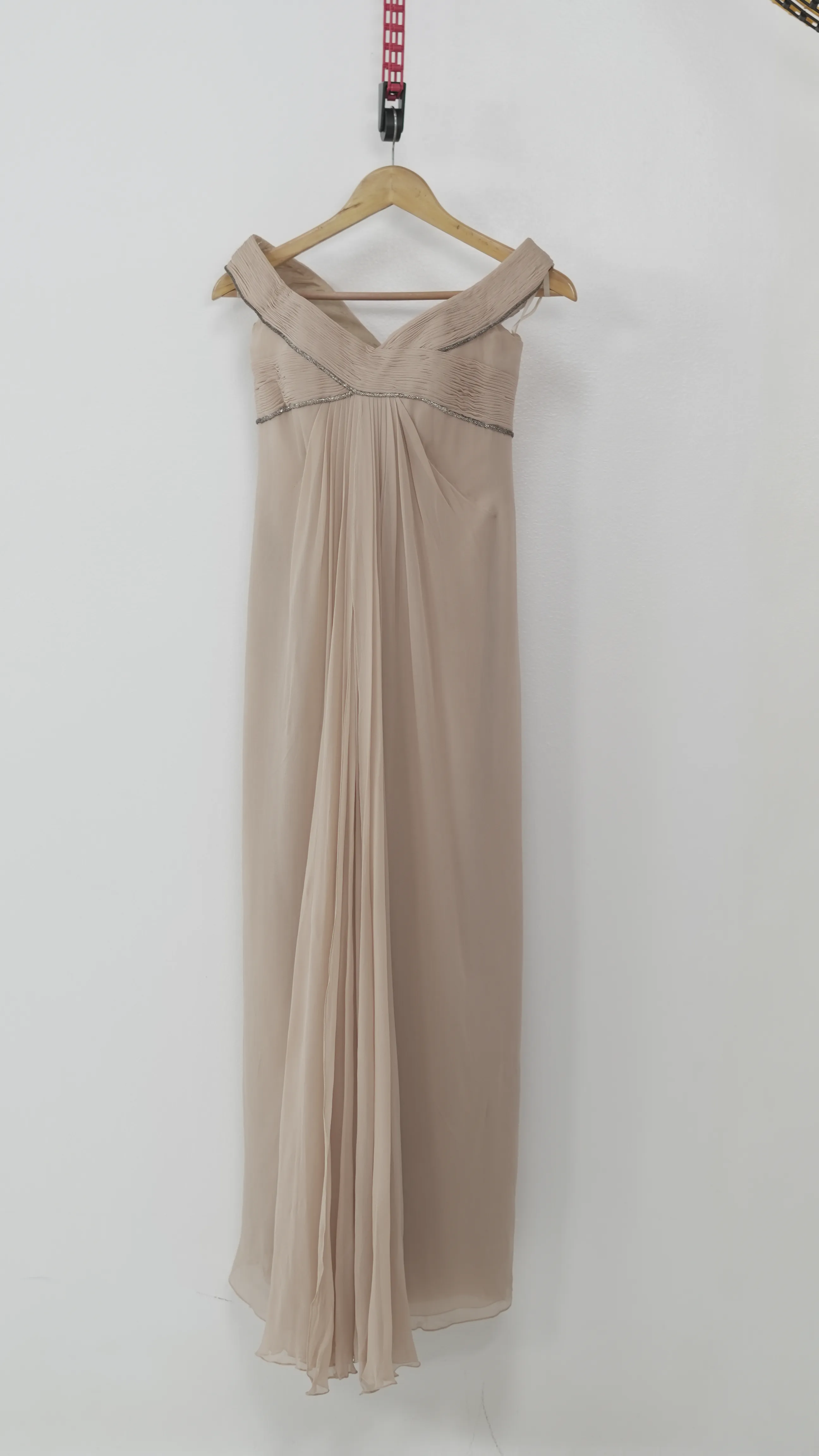 Beige Off-Shoulder Empire Gown