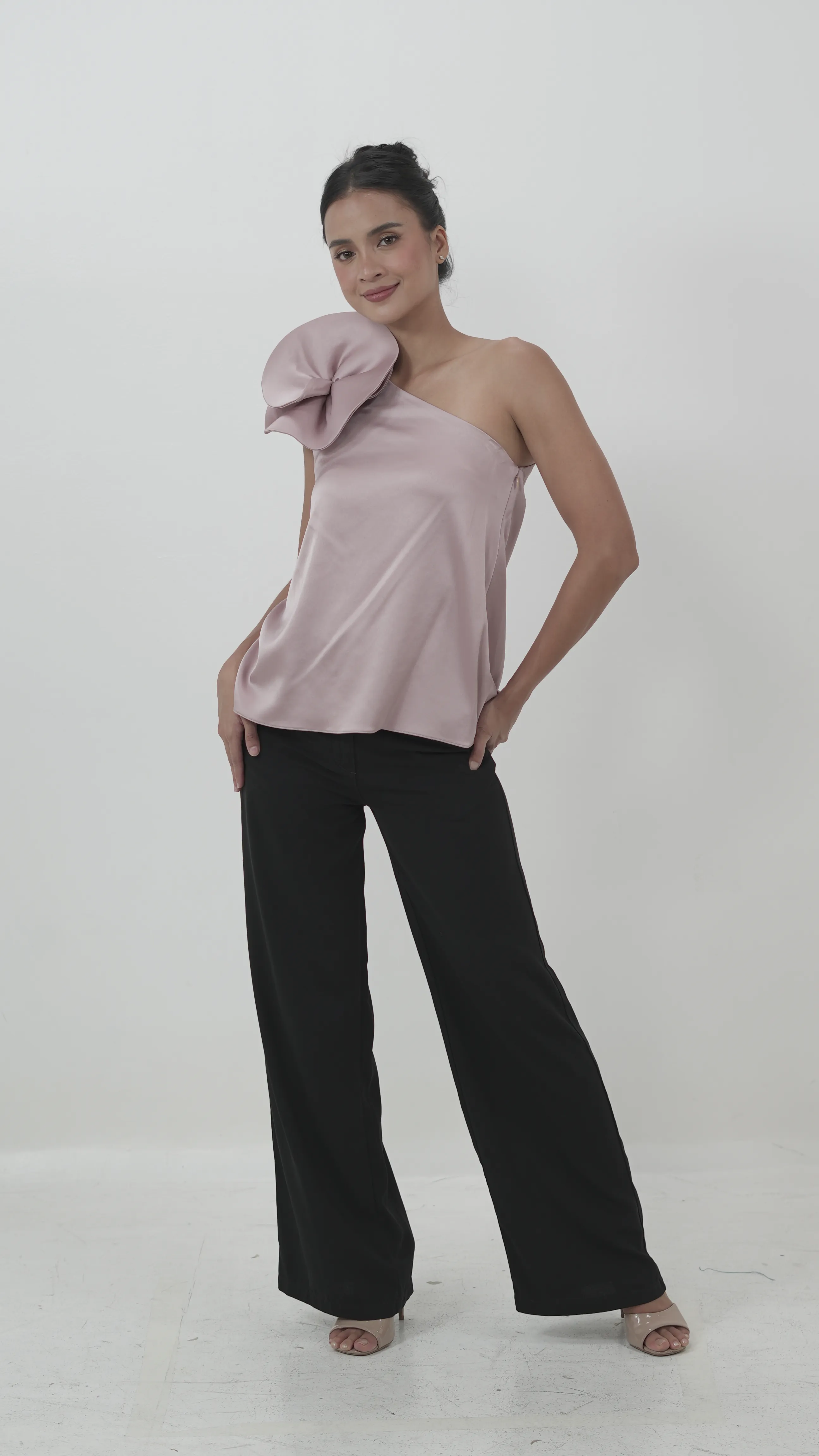Mauve One-Shoulder Top with Oversized Rosette