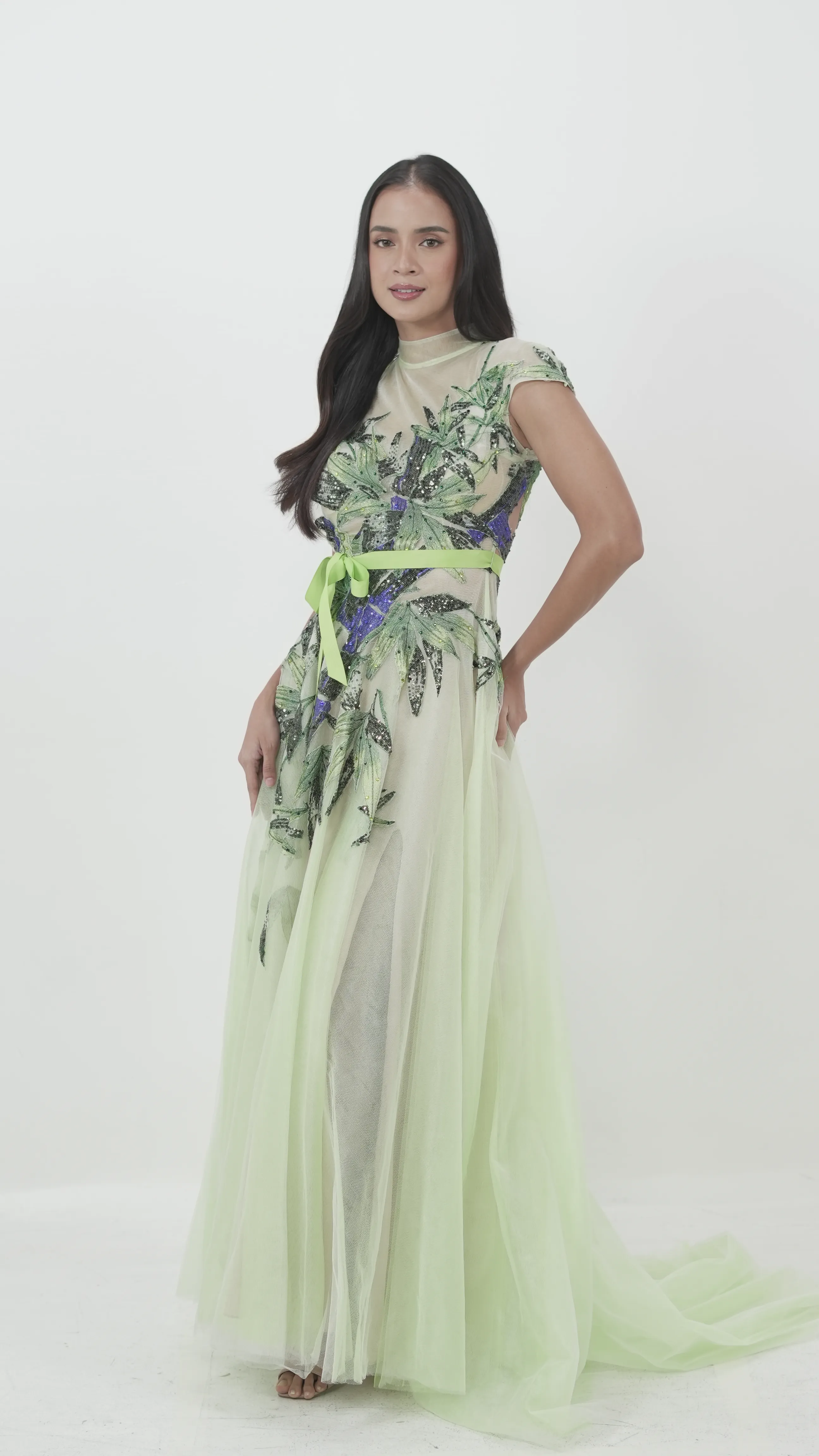 Embroidered Tulle Gown with Green Leaf Motif
