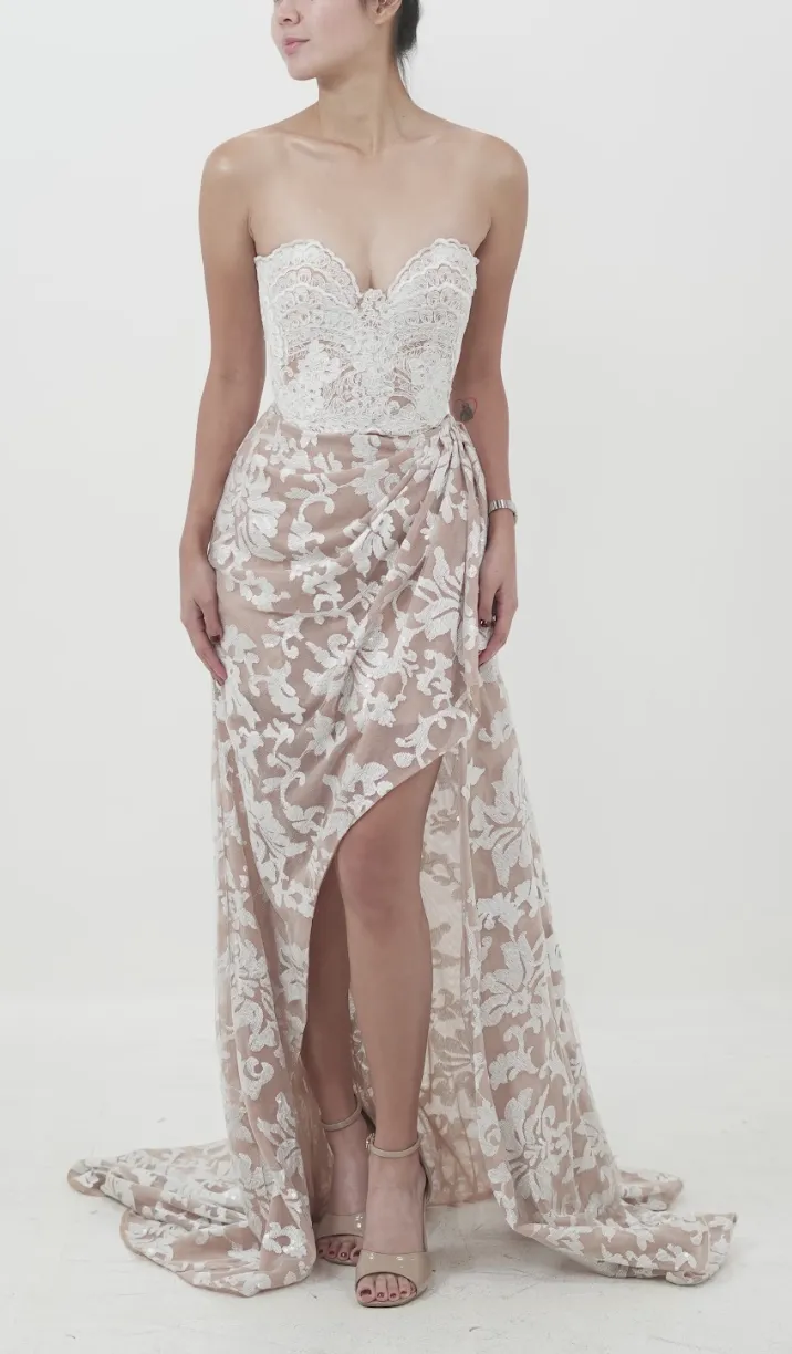 Nude and Ivory Lace High-Slit Two-Piece Gown