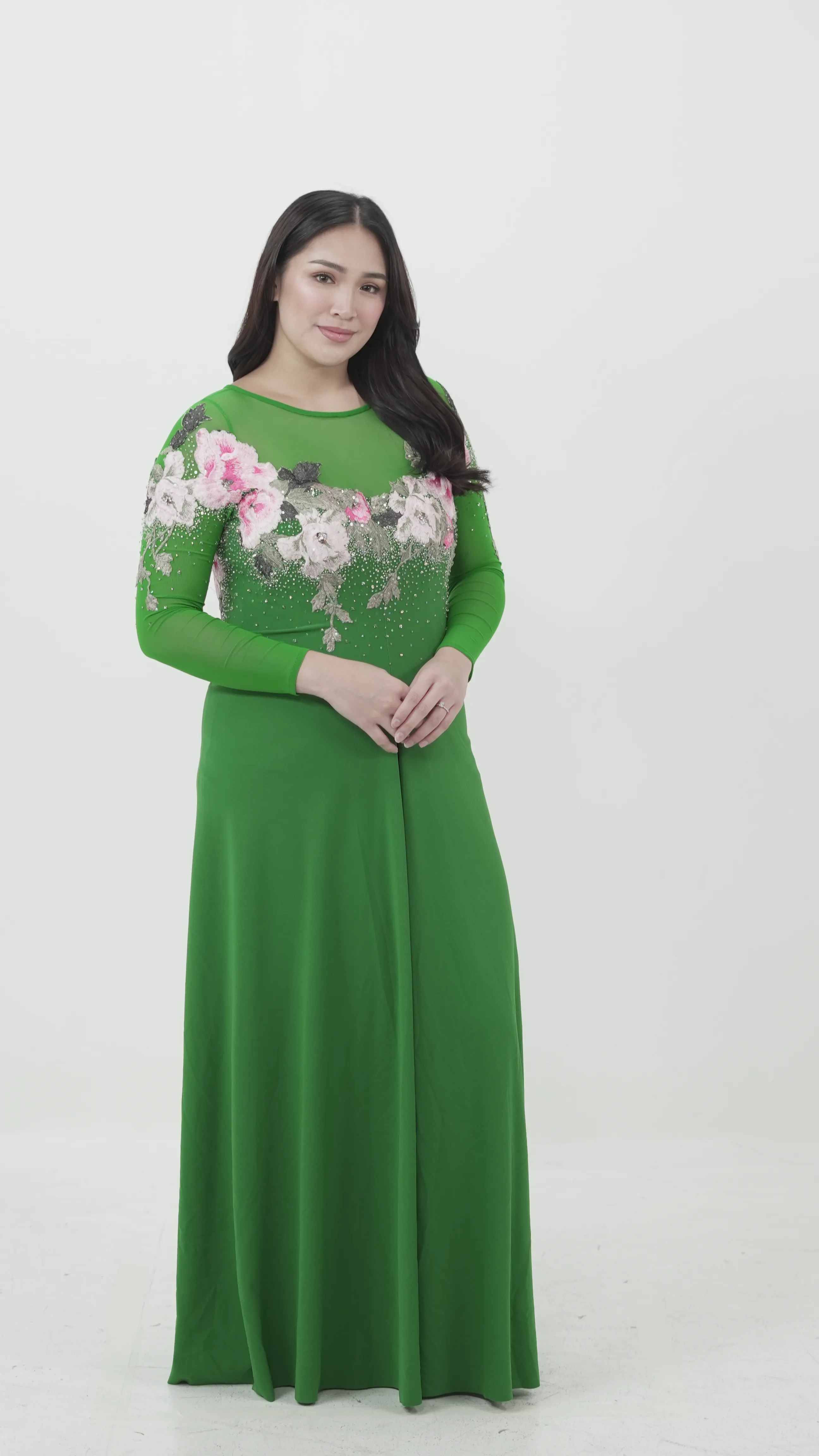 Green Long-Sleeved Floral Embroidered Gown