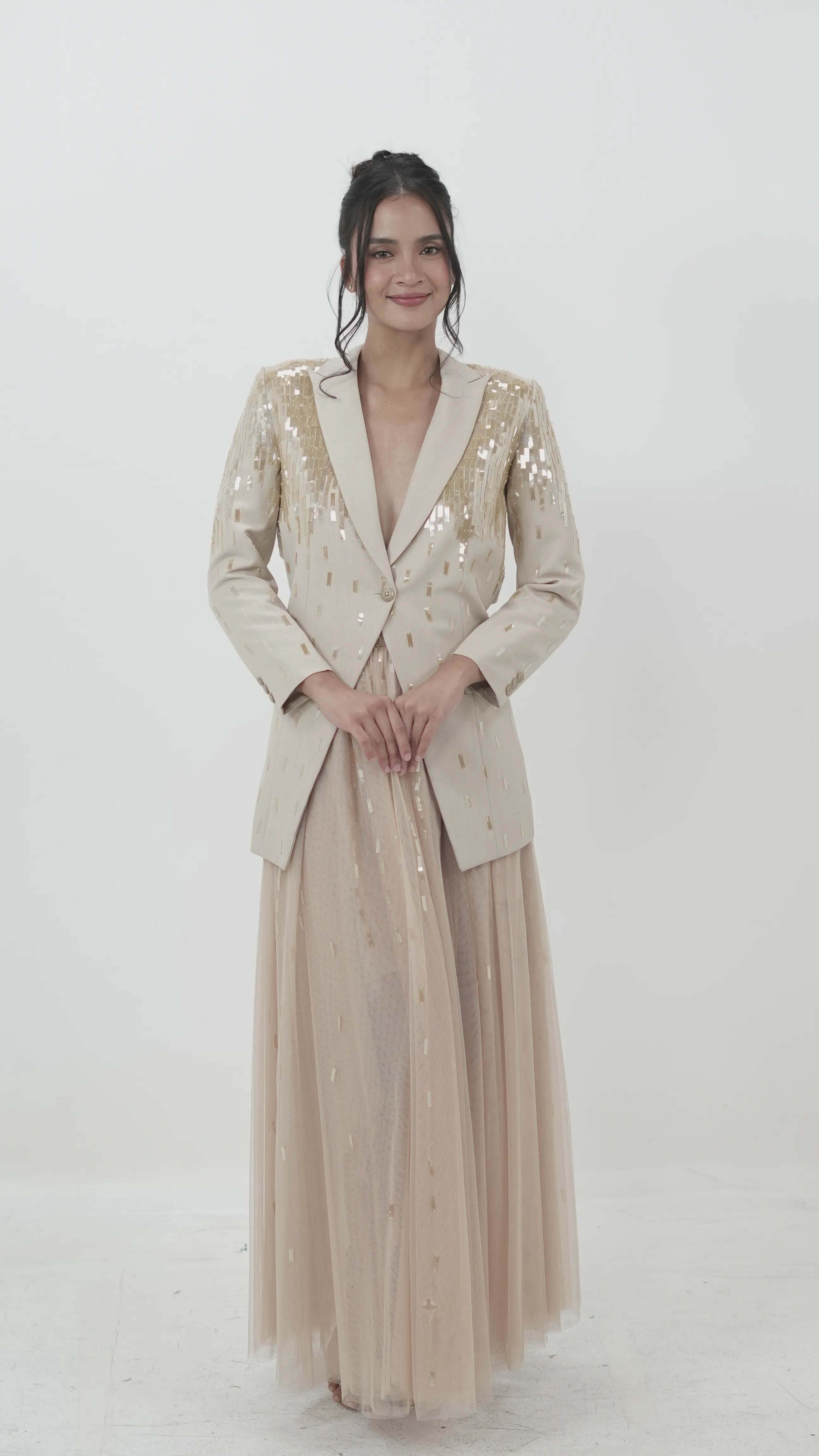 Gold Blazer with Tulle Maxi Skirt (2-piece set)