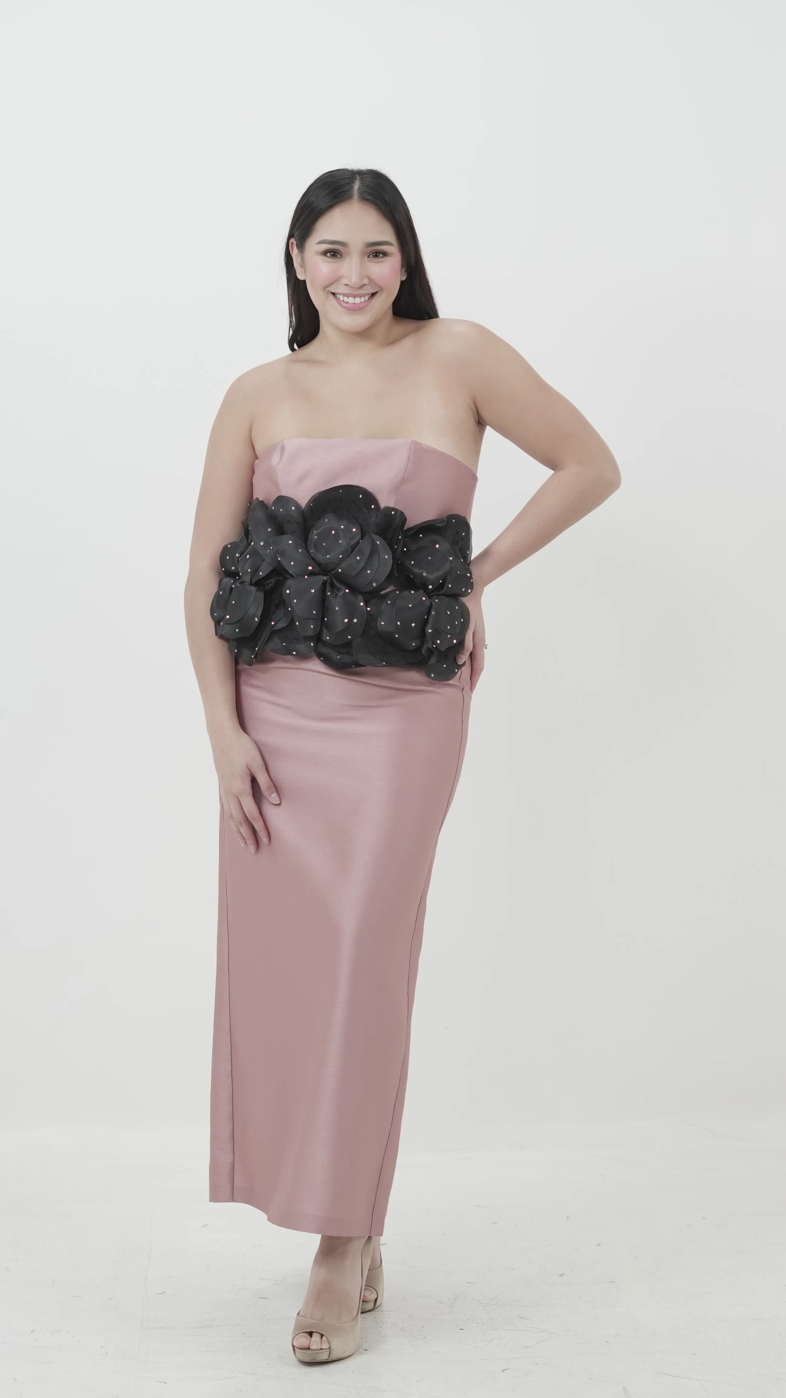 Dusty Rose Gown with 3D Black Floral Appliqué