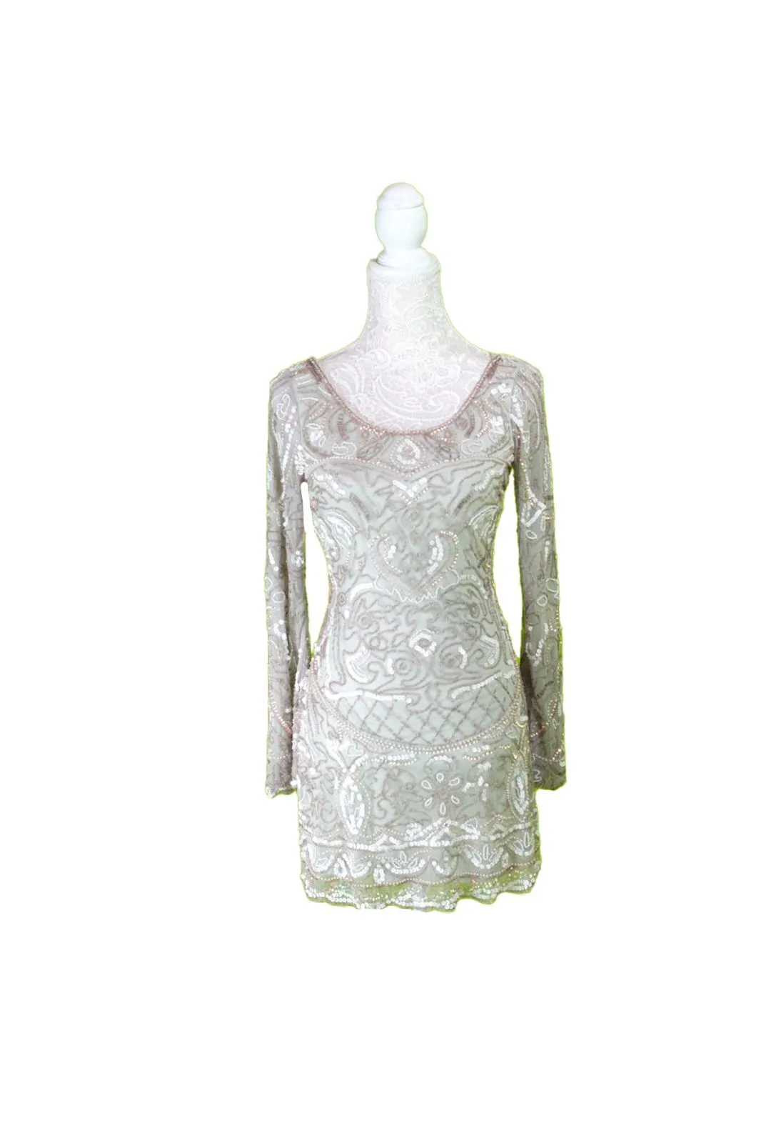 Sage Green Sequin and Bead Long-Sleeve Mini Dress