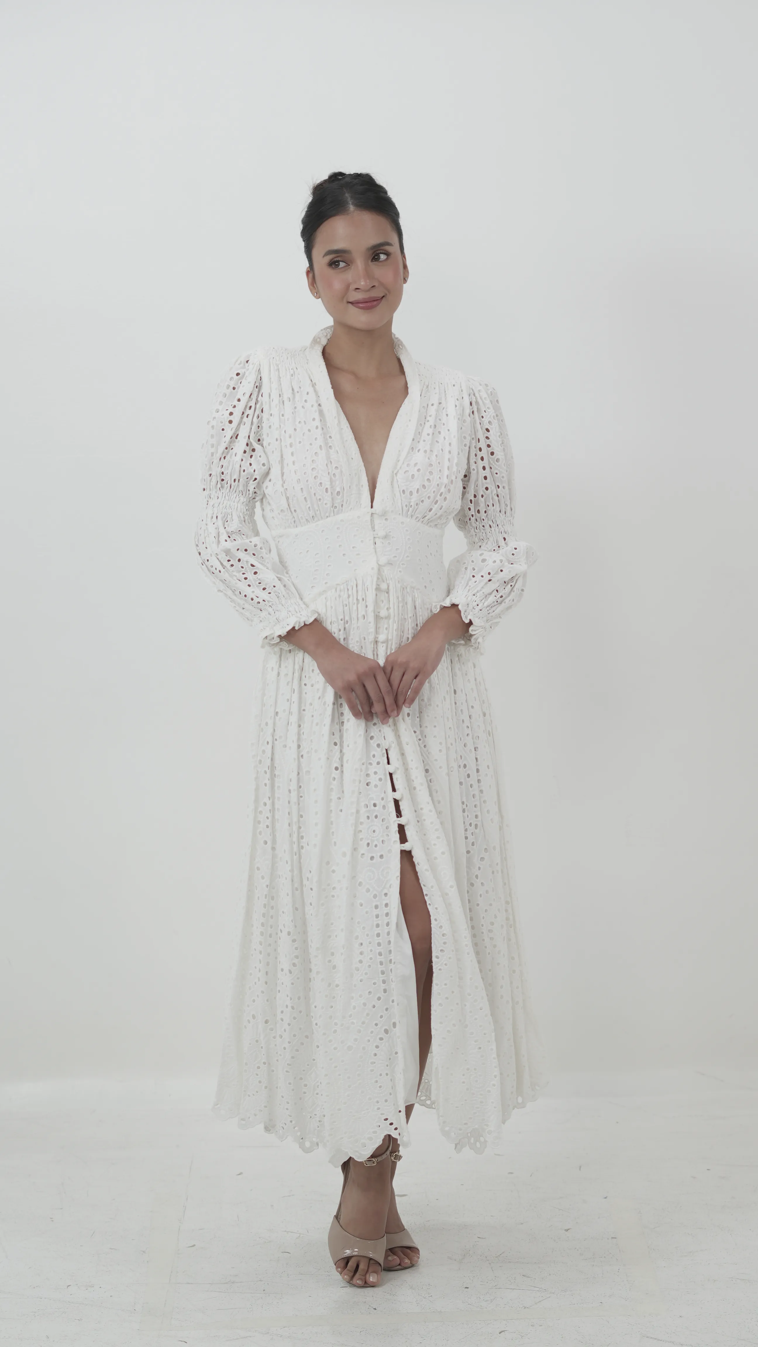 White Eyelet Maxi Dress with Long Sleeves
