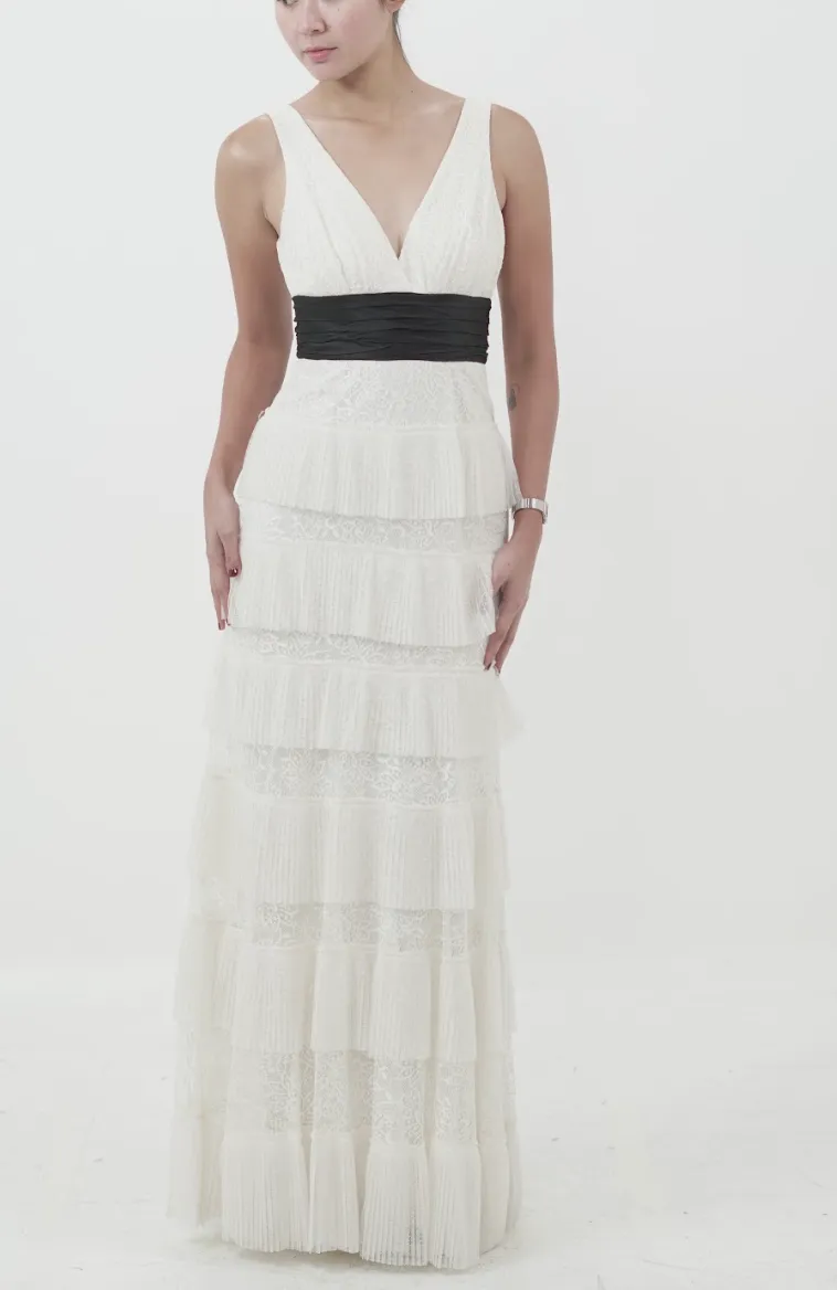 Ivory Tiered Lace Gown with Black Waistband