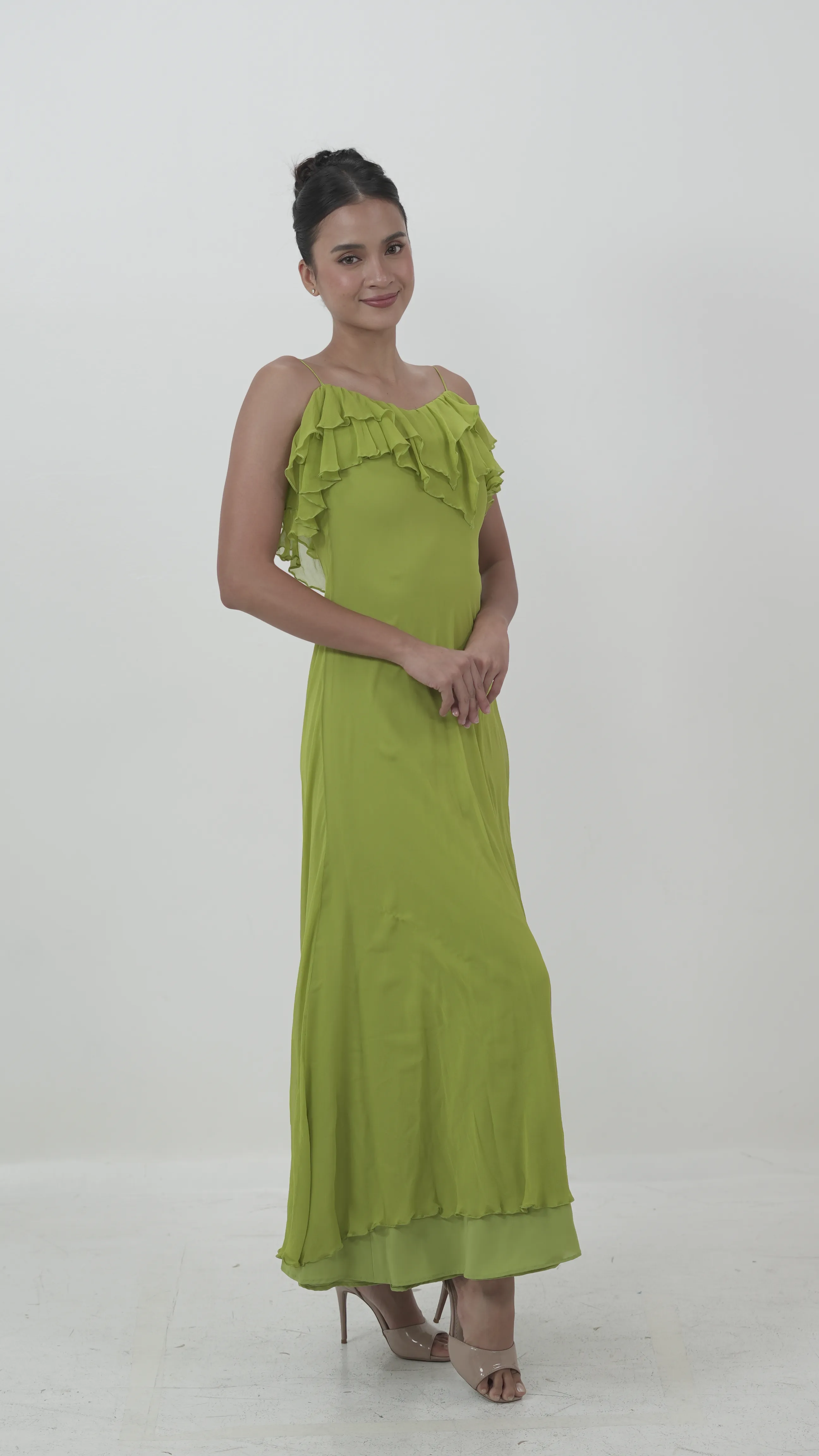 Lime Green Ruffle Spaghetti Strap Gown