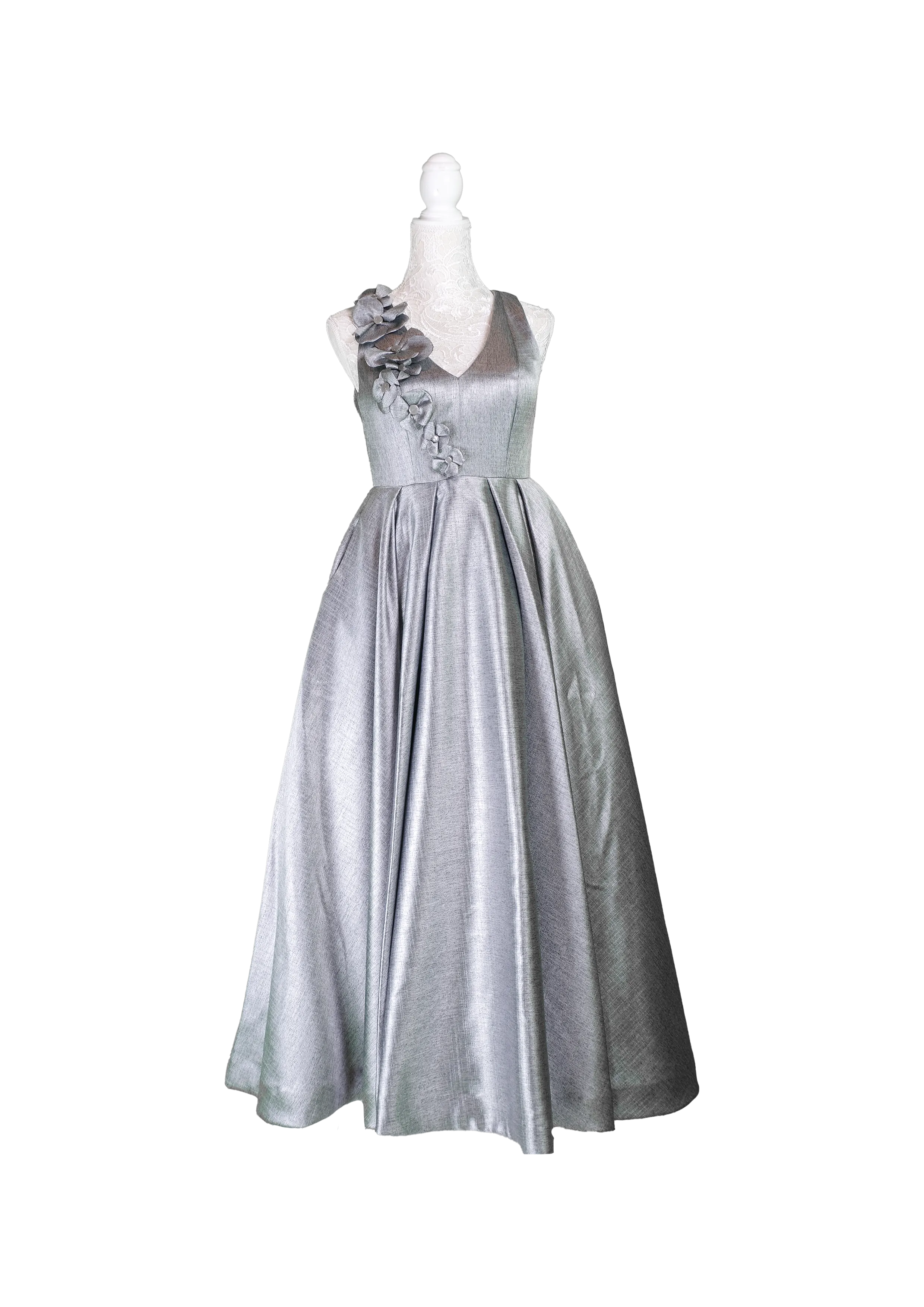 Silver Satin Gown with Floral Detail