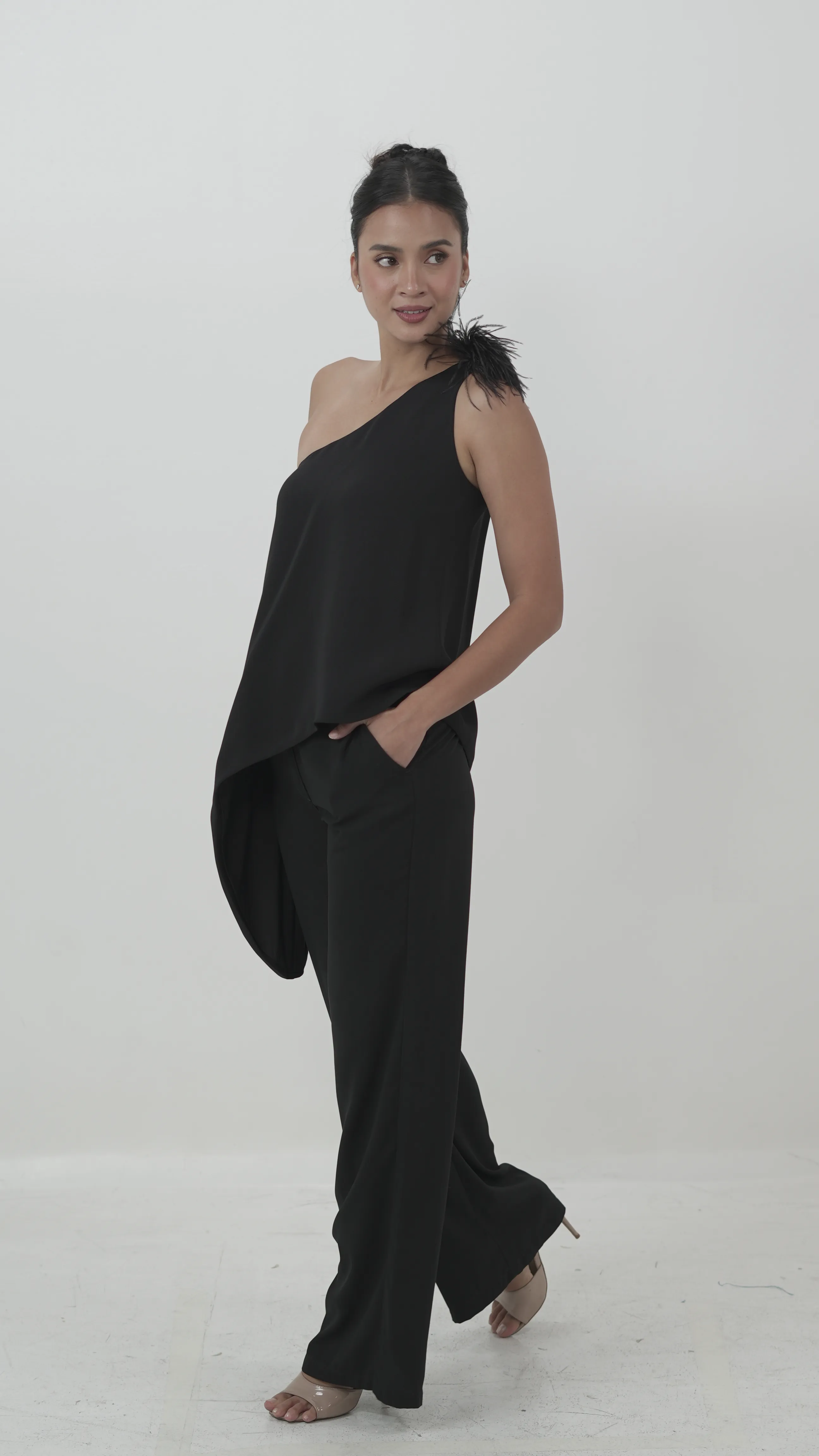 One-Shoulder Black Top with Feather Detail