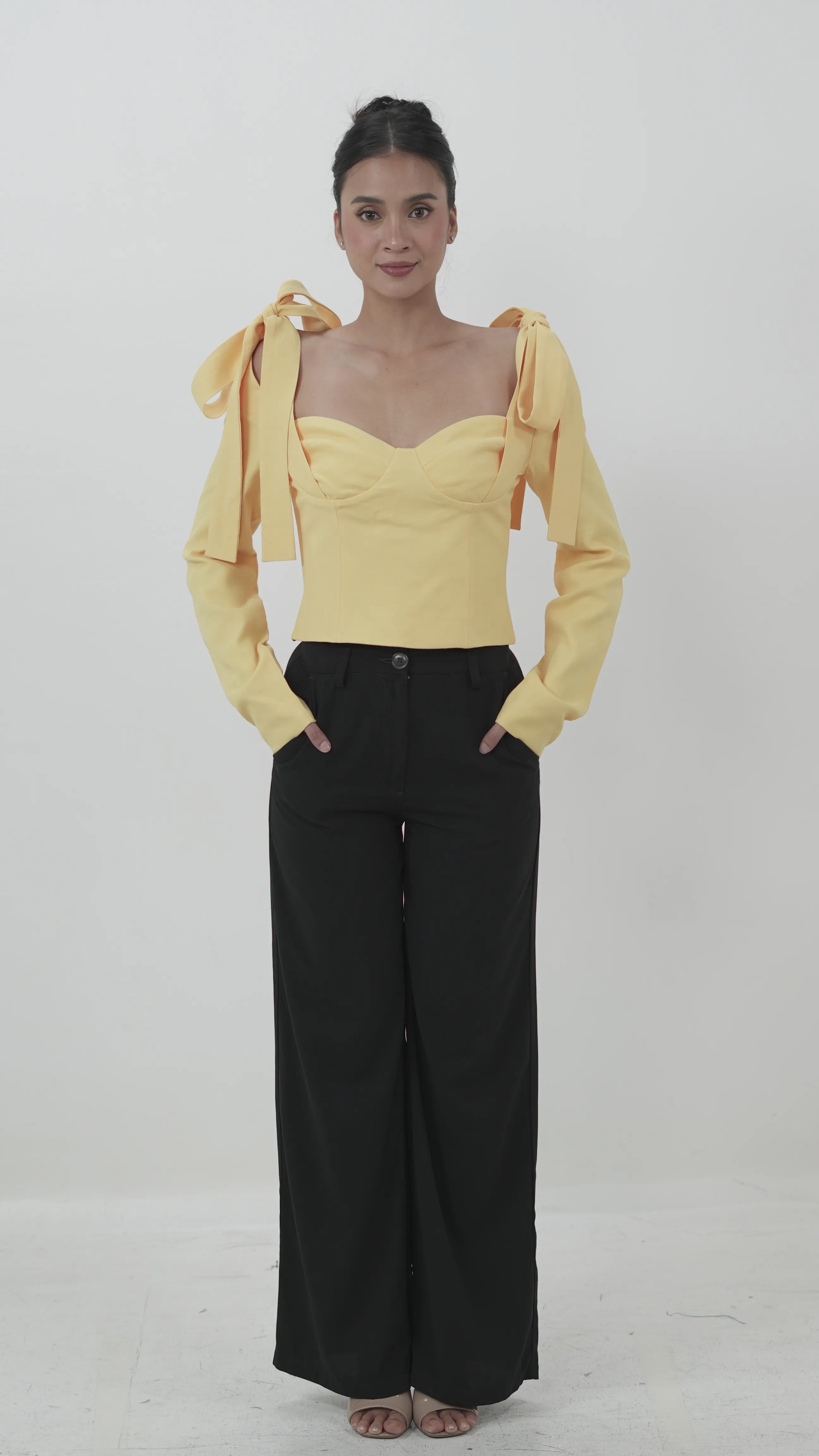 Structured Yellow Puff-Sleeve Crop Top