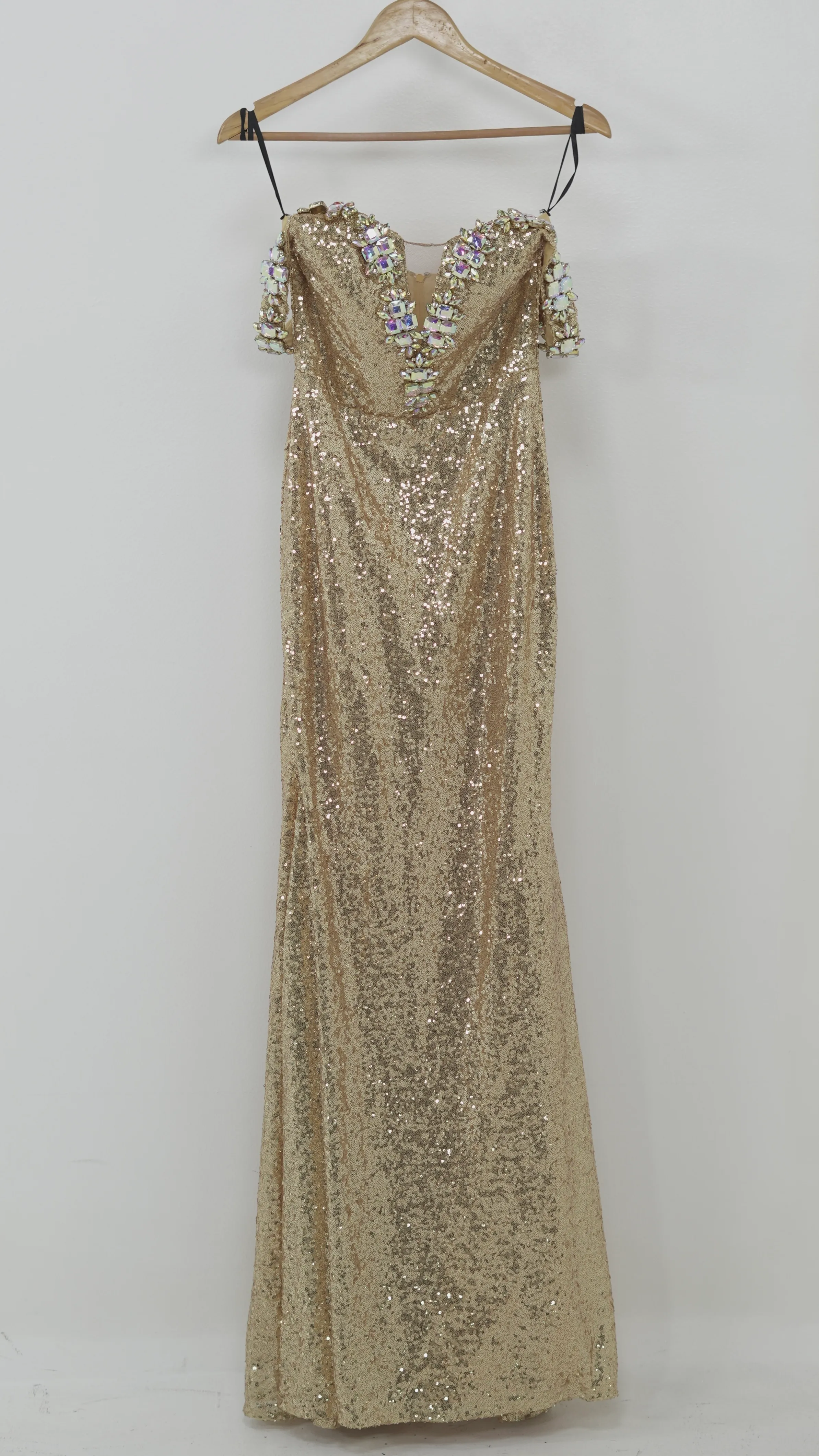 Gold Sequin Gown with Gem Embellished Sleeves