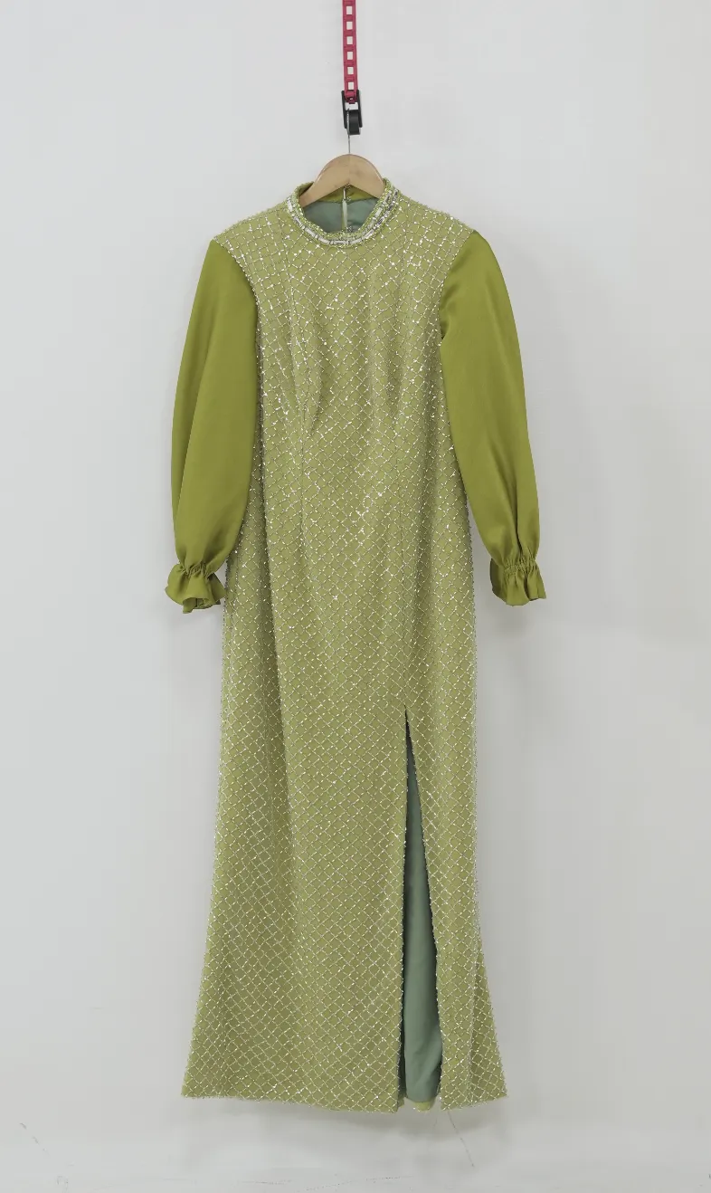 Green Embellished Long Gown with Puff Sleeves