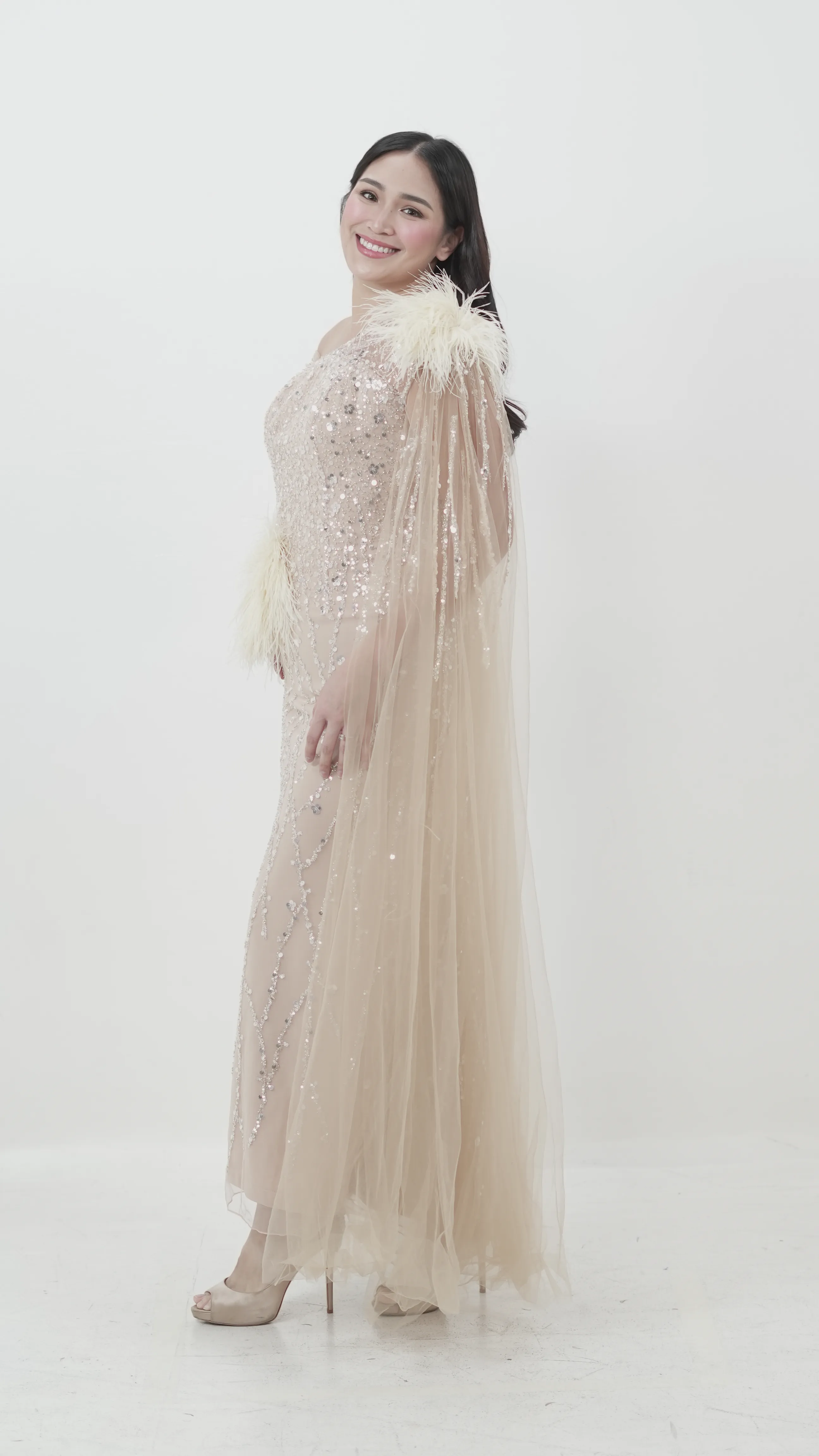 Nude Sequin Gown with Feathers and Shawl