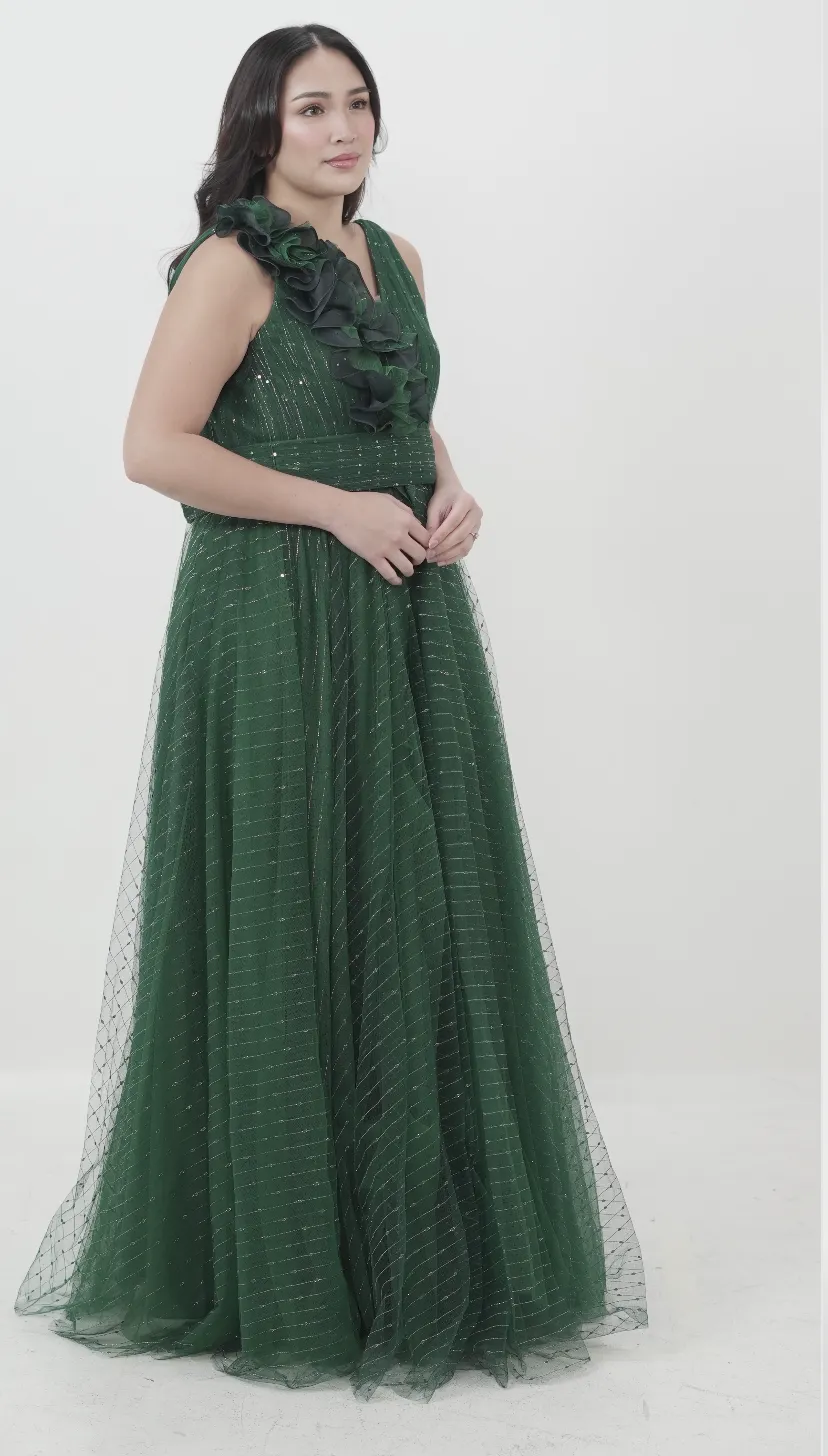 Forest Green Tulle Gown with Ruffled Shoulder