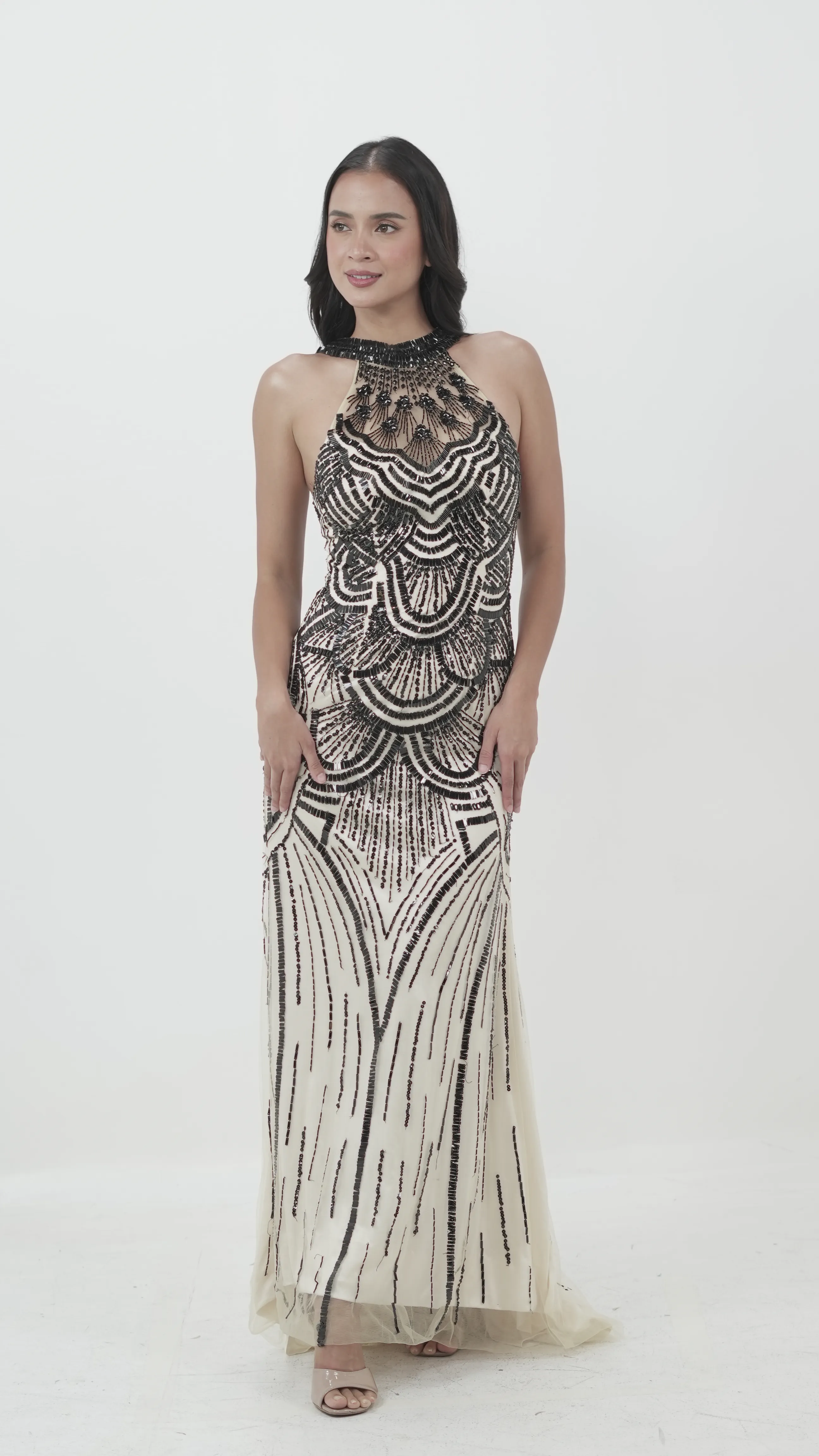 Art Deco Black and Cream Sequin Gown