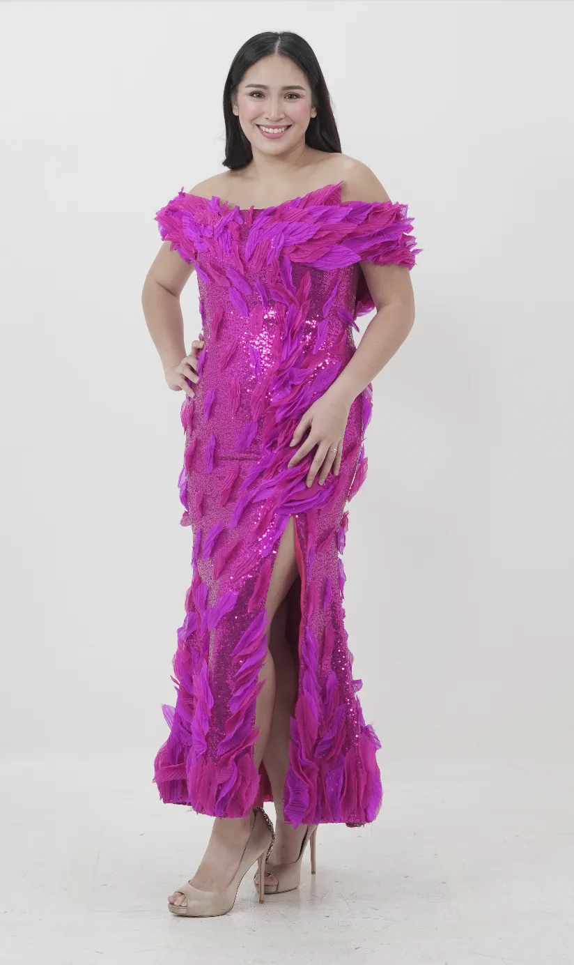 Hot Pink Feathered Sequin Gown