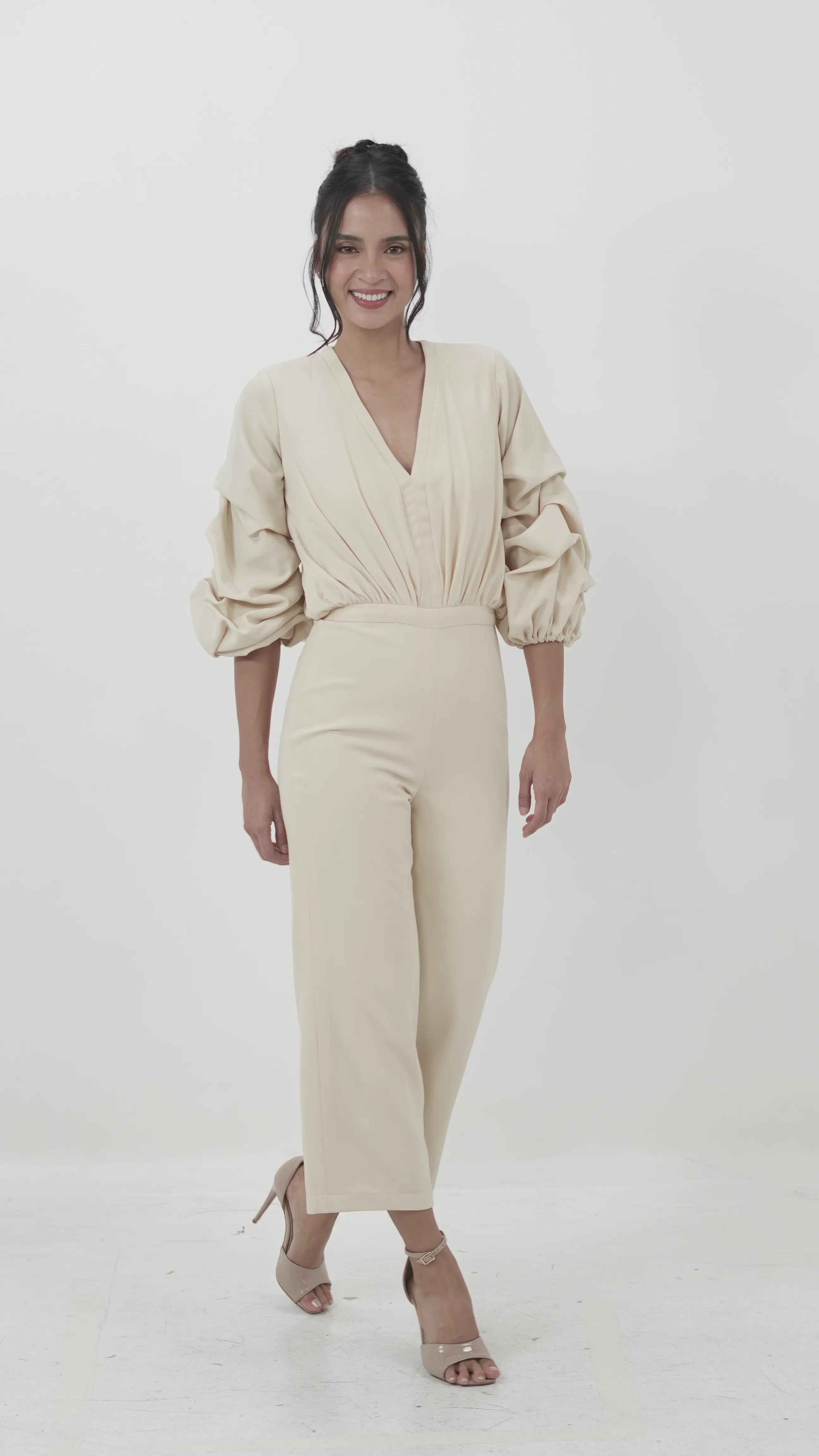 Beige V-Neck Jumpsuit with Puff Sleeves