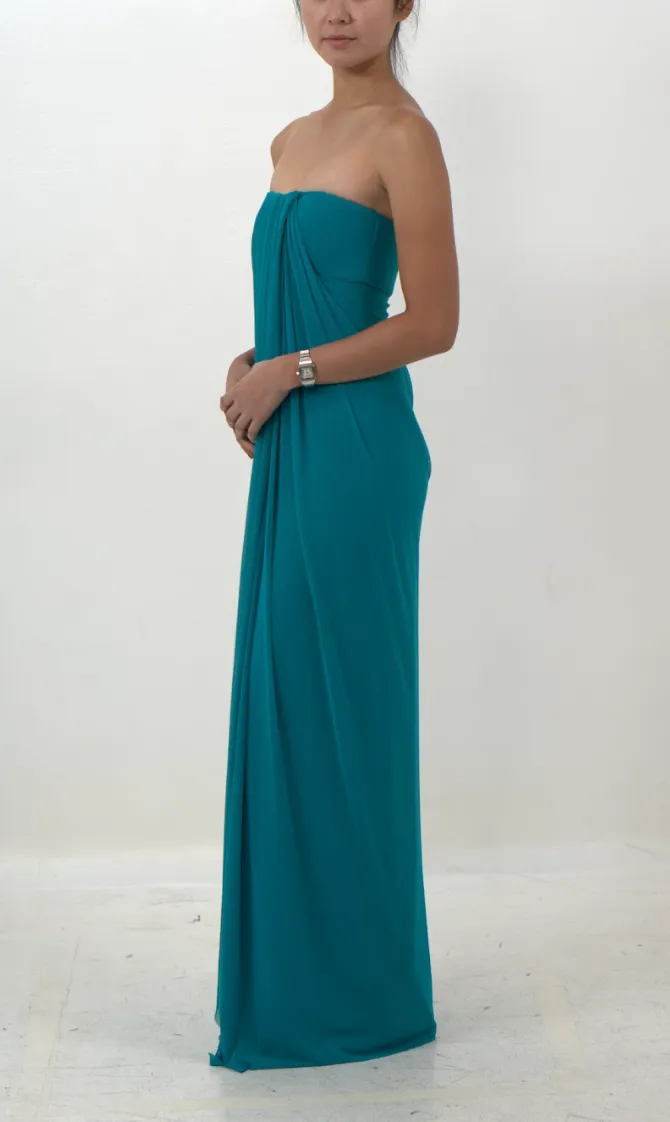Blue Green Strapless Draped Gown