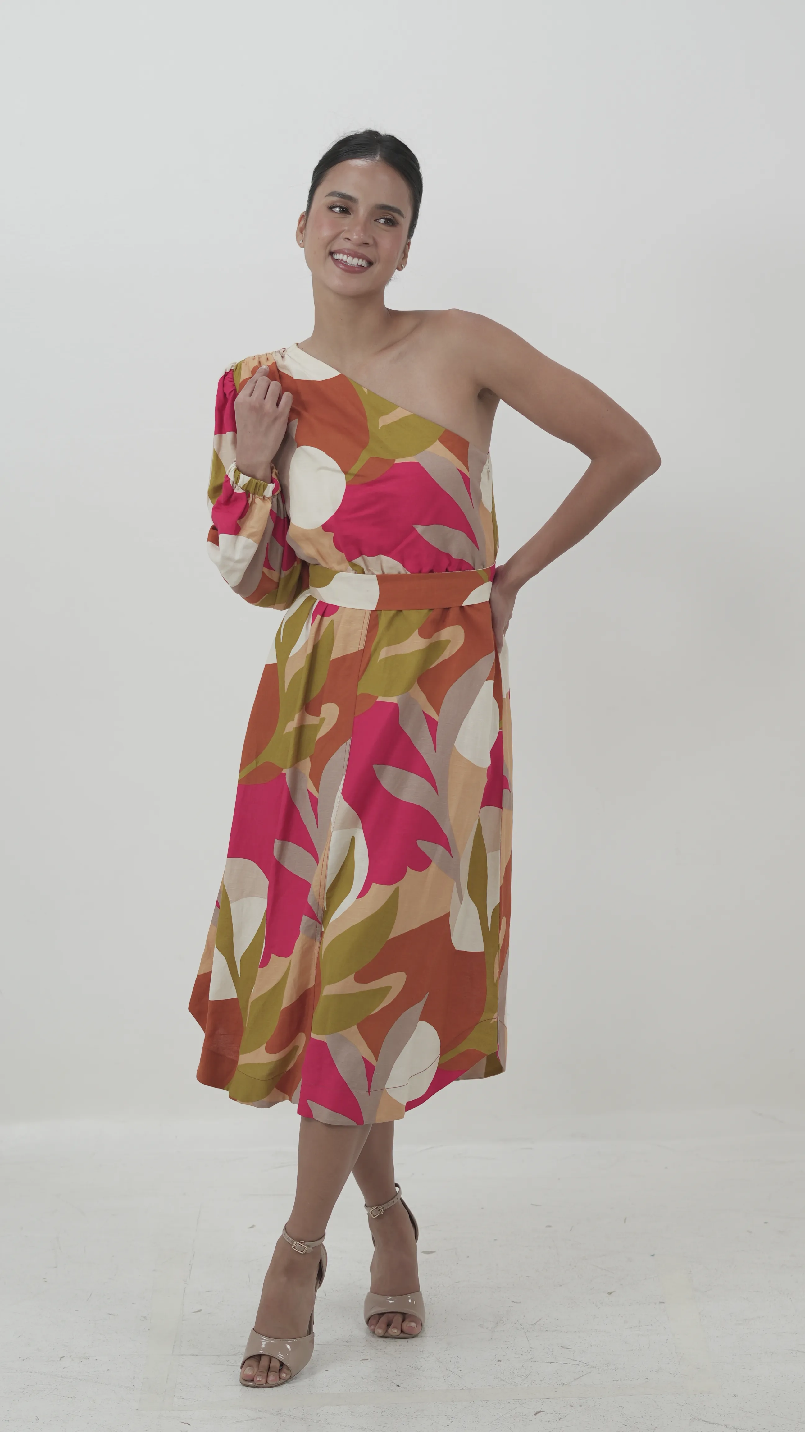 Tropical One-Shoulder Midi Dress