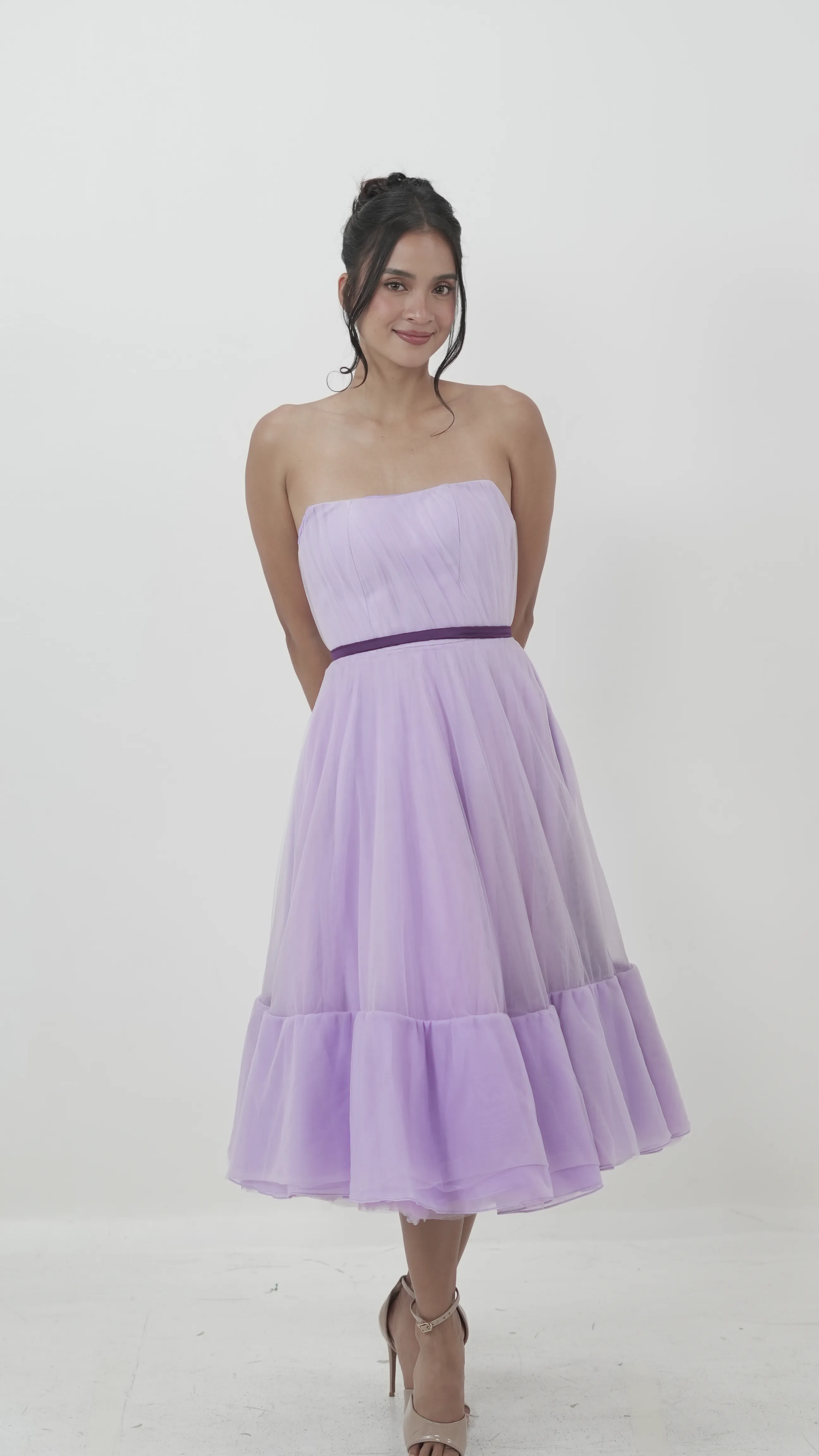 Lilac Strapless Tulle Midi Dress