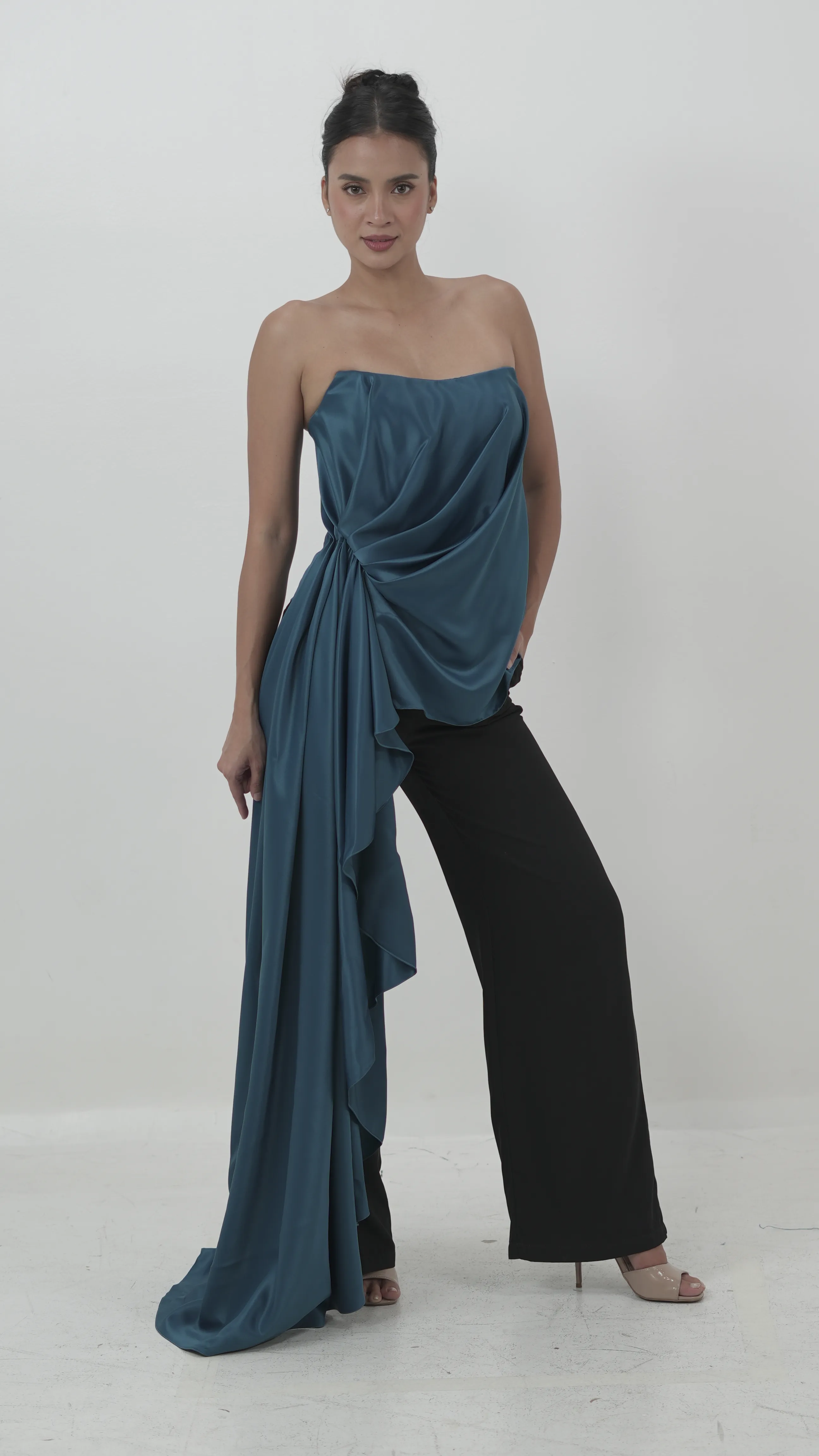 Teal Strapless Drape Top with Cascading Ruffle