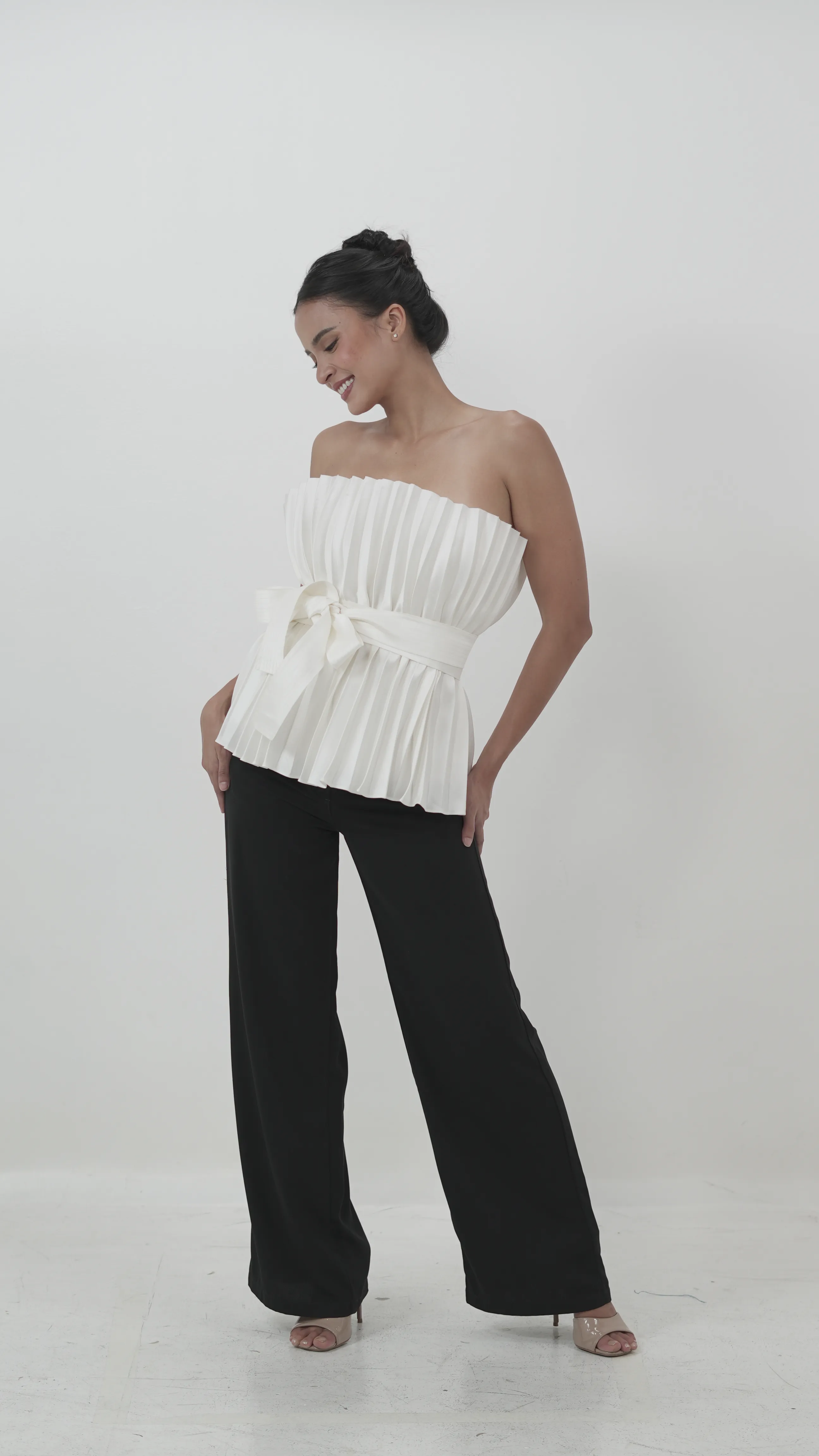 White Strapless Pleated Top with Ribbon Belt