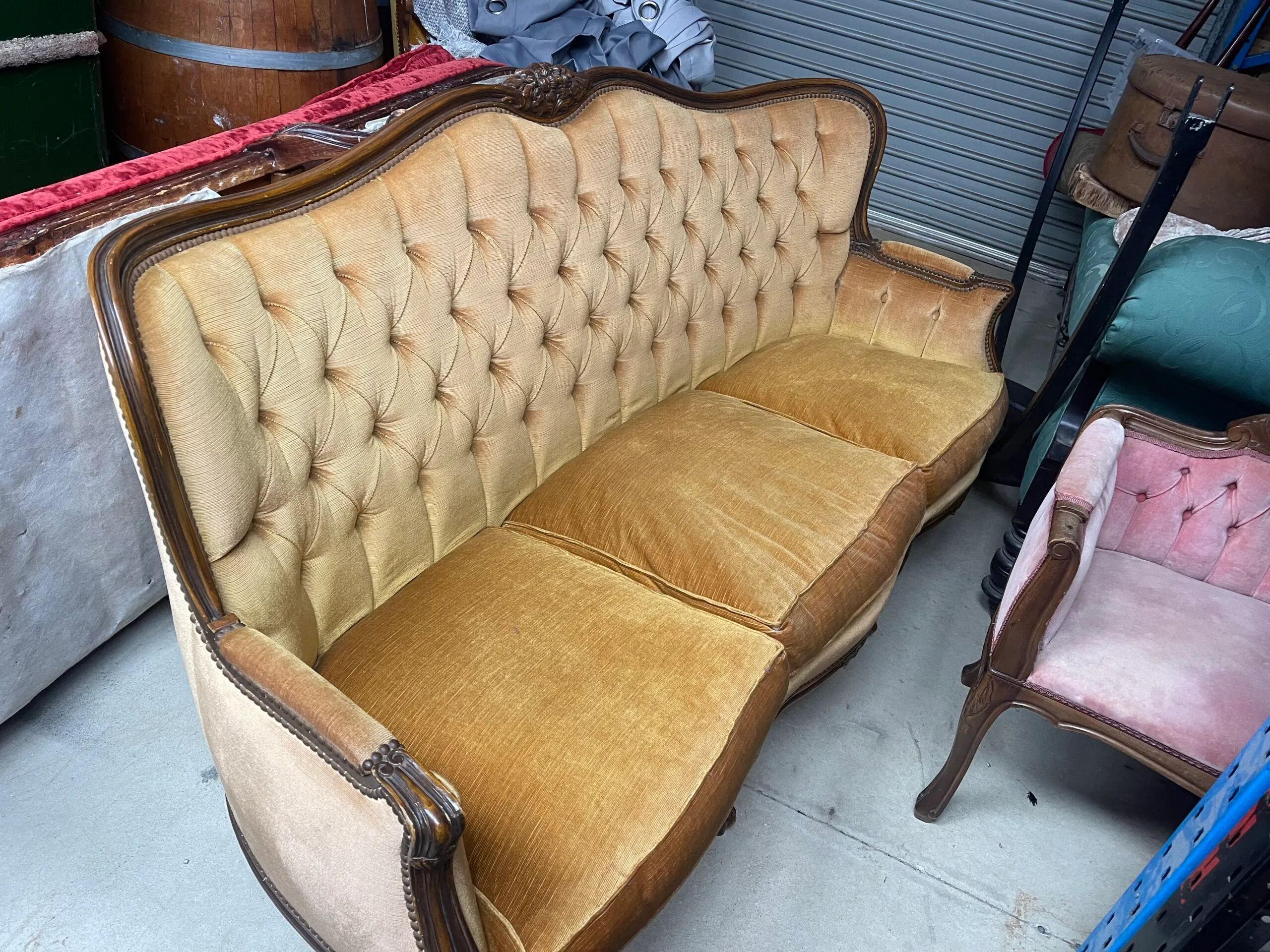 Wood Carved Frame, Mustard Velvet, Buttoned Lounge