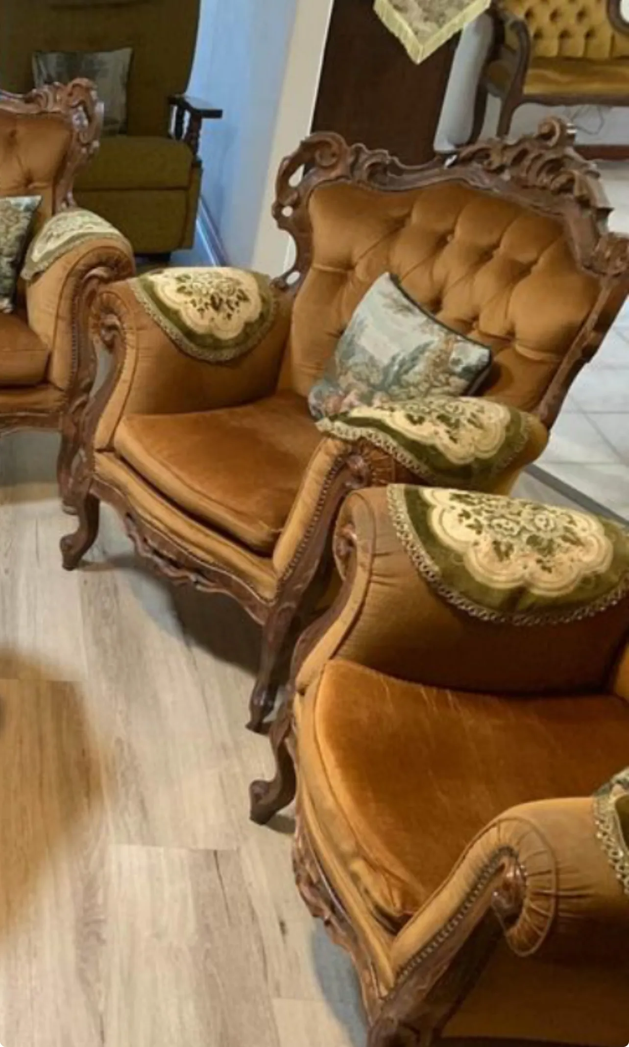 Wood Carved Frame, Deep Gold Velvet,  Buttoned Arm Chair 