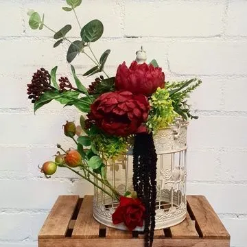 Birdcage - Cream Metal Round Small, Burgundy Flowers