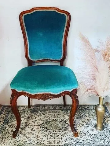 Wood Carved Frame, Teal Velvet Chair
