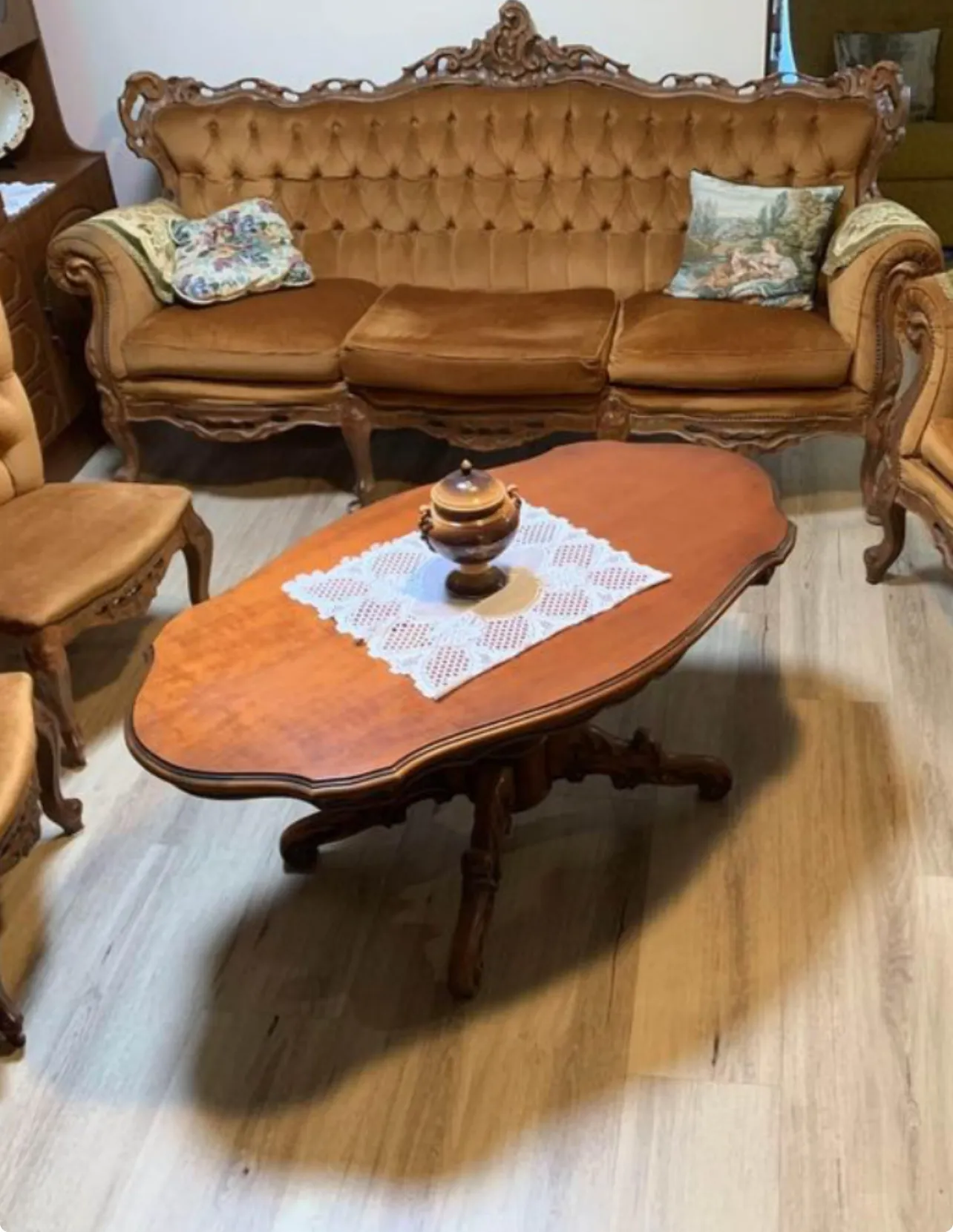 Wood Carved Frame, Deep Gold Velvet, Buttoned Lounge