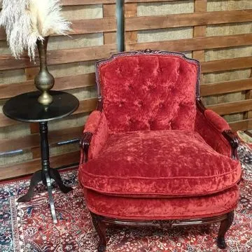Wood Carved Frame, Red Velvet, Buttoned Armchair