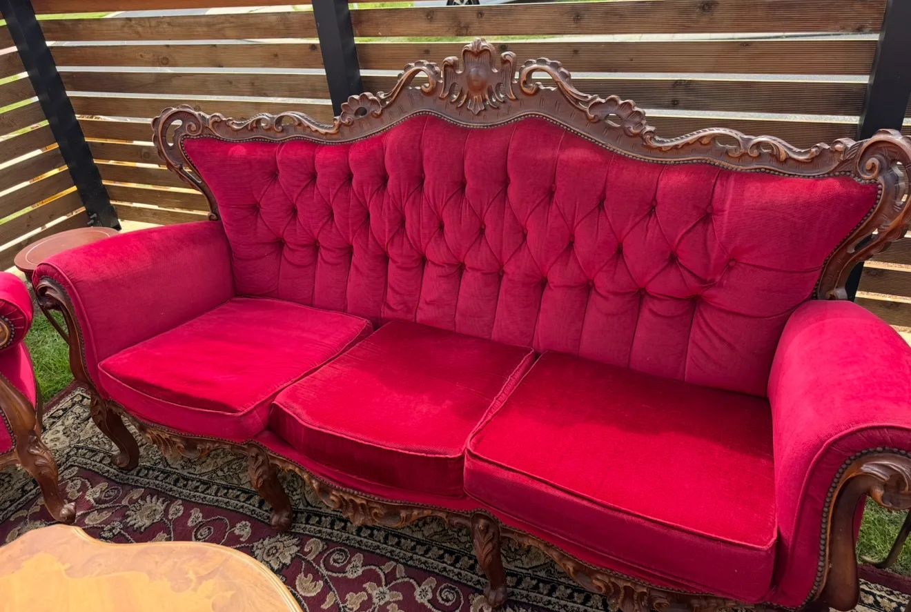 Wood Carved Frame, Bright Red Velvet Lounge