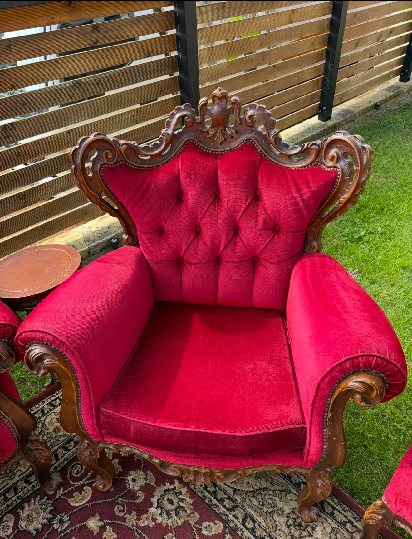 Wood Carved frame, Bright Red Velvet Arm Chair