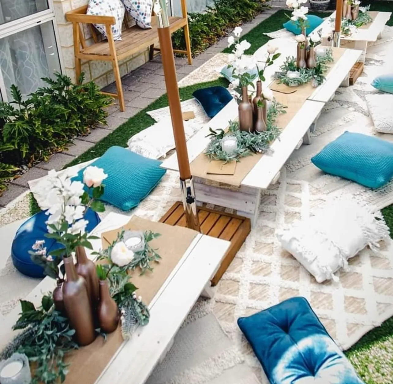 Low Lying Rustic Trestle Picnic Tables- White wash