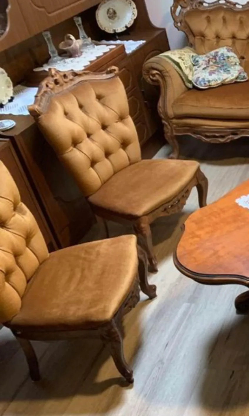 Wood Carved Frame, Deep Gold Velvet, Buttoned Throne Chair