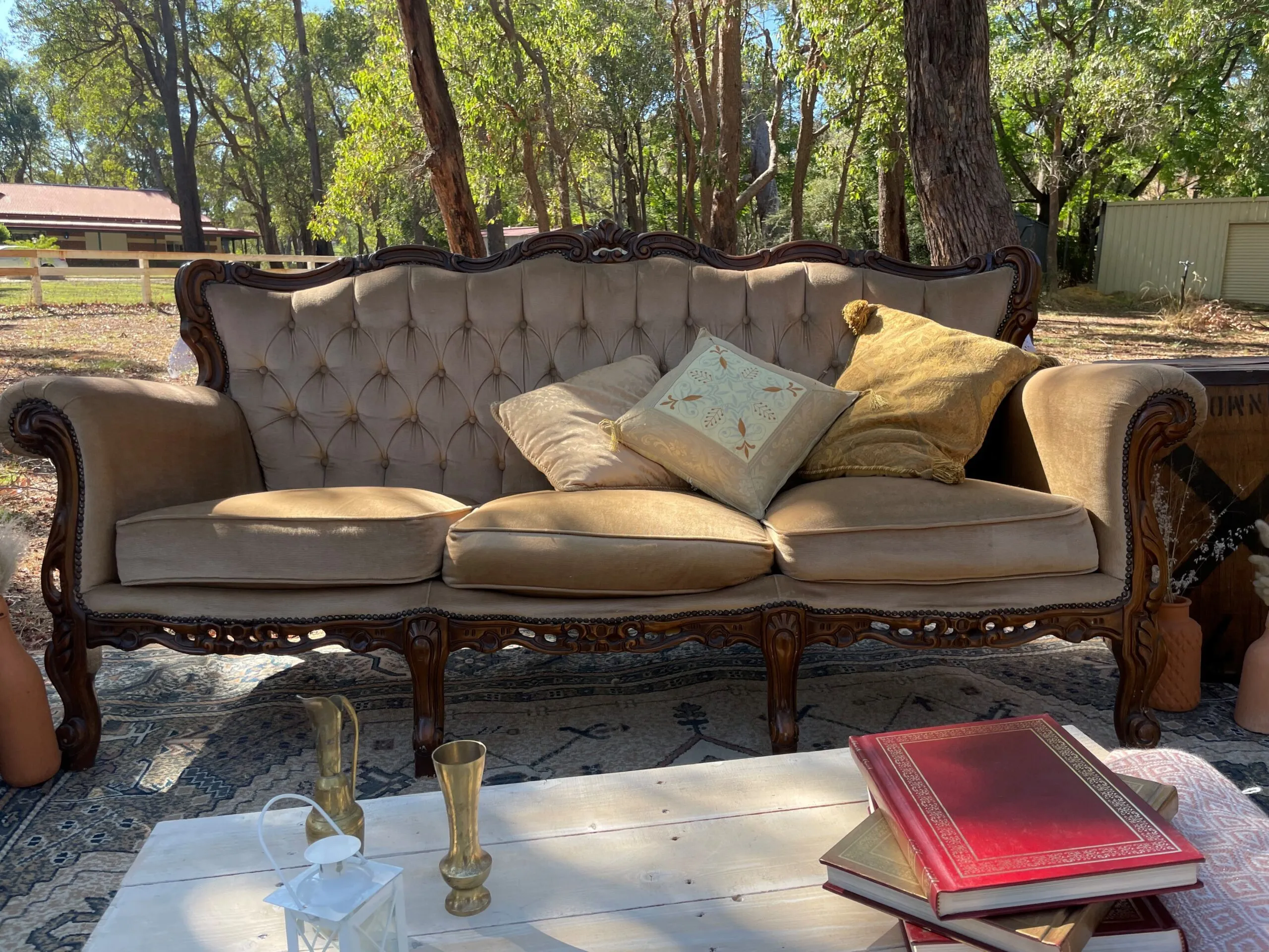 Wood Carved Frame, Champagne Velvet, Buttoned Lounge