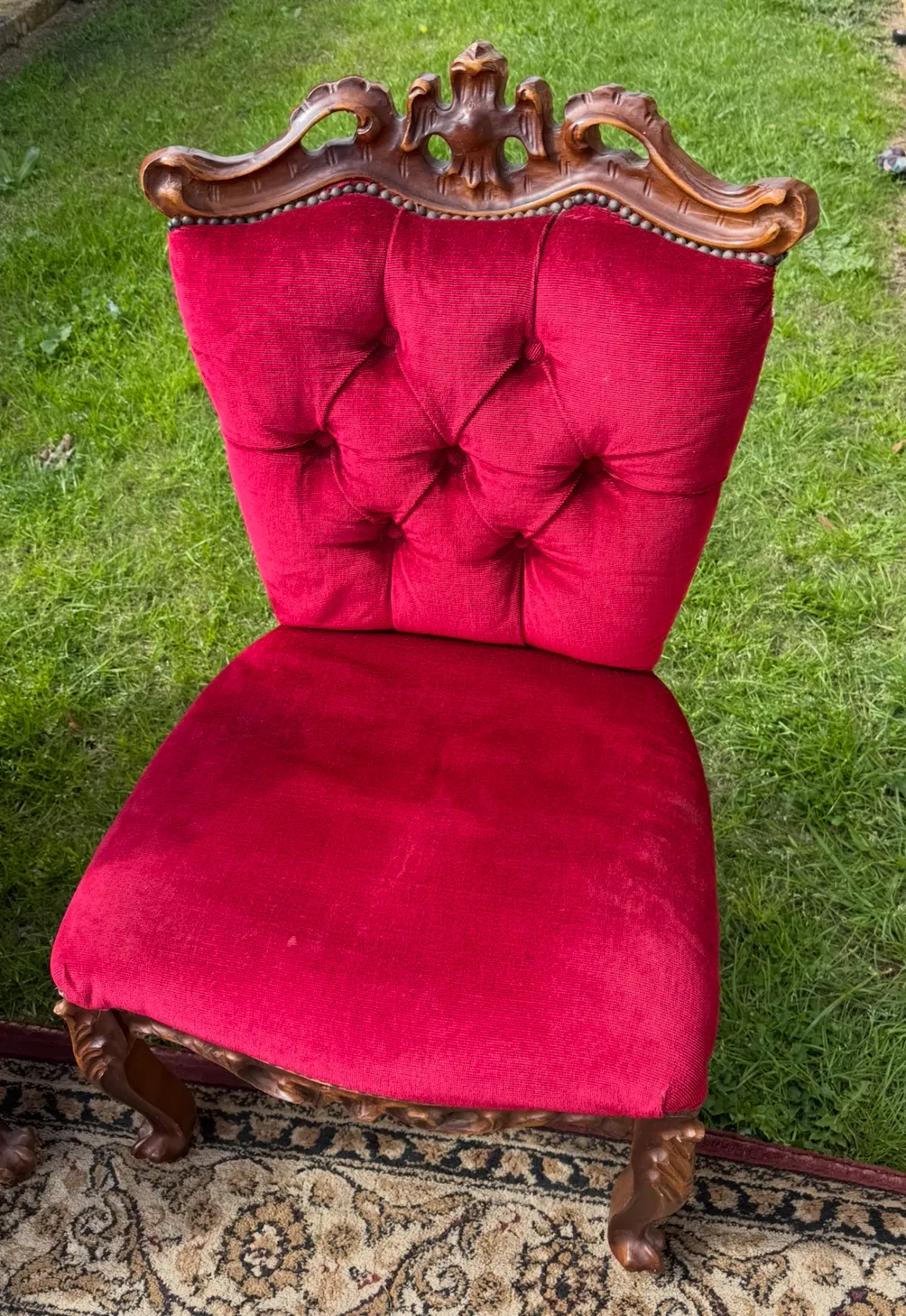 Wood Carved frame, Bright Red Velvet Throne Chair
