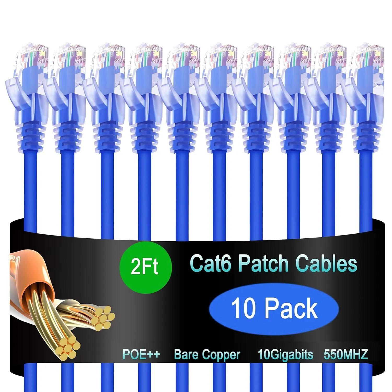 Cat6 Ethernet Patch Cable 2 ft (10 Pack), Cat6 Patch Cable for Data Centers, Cat 6 Patch Cable 10G, Network Patch Cables for Home and Enterprise Network -Blue