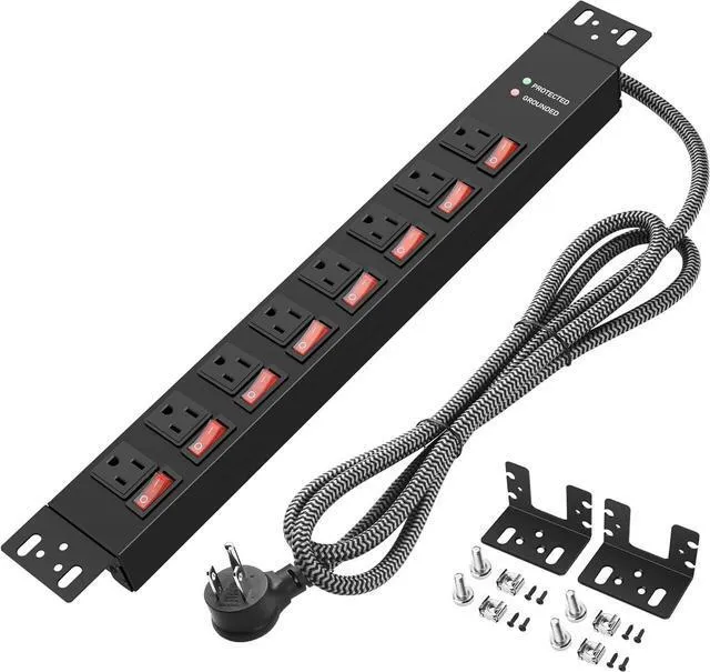 Rack Mount Power Strips,8 Outlet Strips Surge Protector with Individual Switches, PDU Power Strip for Server Racks, 14AWG Heavy-Duty Braided Extension Cord,2700J,15A 125V 1875W (6 FT Cable)