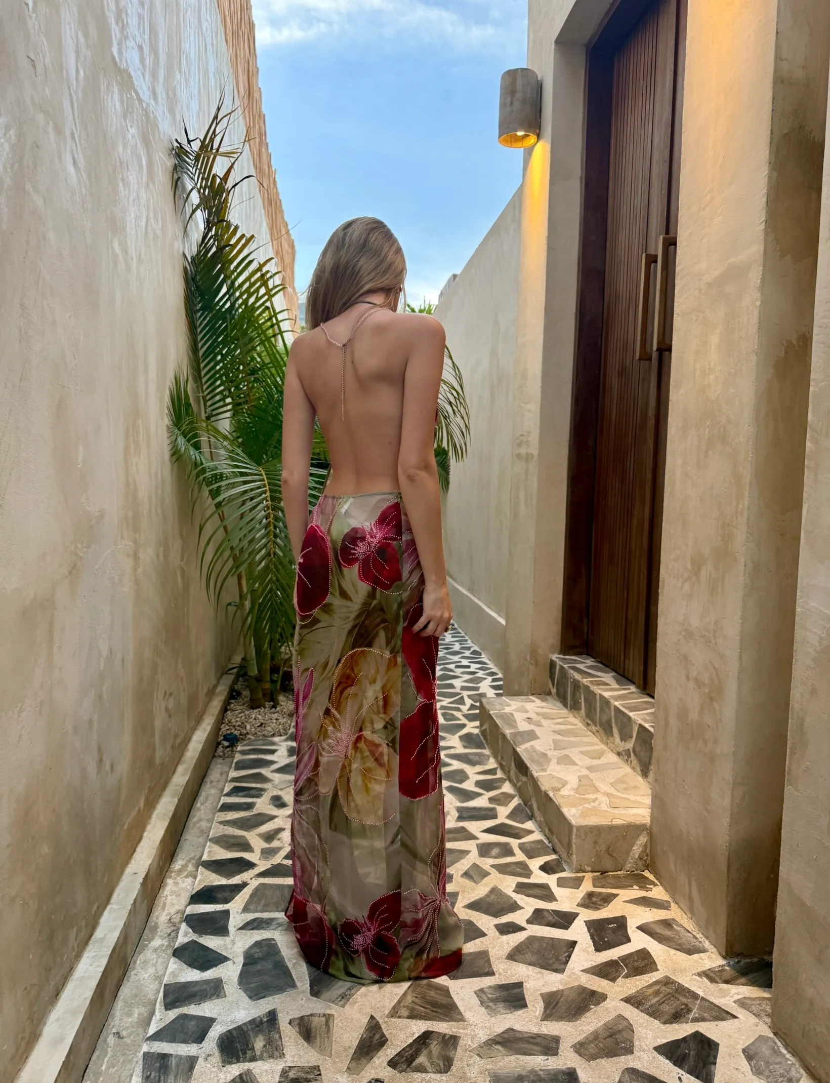 Jaded London Dahlia Hand-Beaded Backless Chiffon Maxi Dress, Size 4