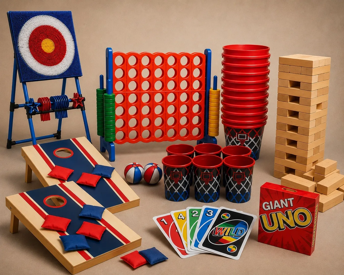 Pick 3 yard game rental with Giant UNO cards featuring cornhole, Connect 4, axe throw, Basket Pong and giant party games in Slidell LA