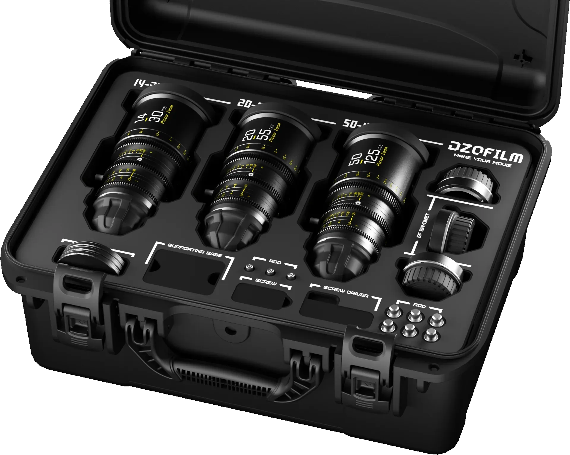 Kit 3 Lentes Zoom DZOFilm Pictor 14-30mm, 20-55mm e 50-125mm T2.8 Super35 Parfocal (PL ou EF Mount)